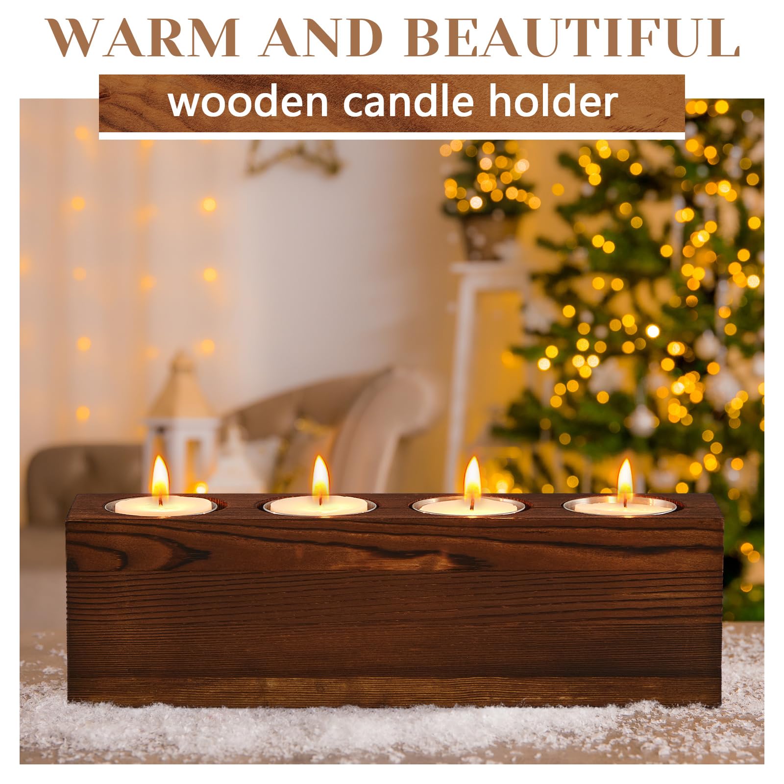 Rustic Farmhouse Wooden Christmas Candle Holder with 4 Stainless Steel Candle Molds - Perfect for Holiday Tables, Centerpieces, and Succulent Planters | Great for Christmas Decor, Weddings & Farmhouse Style Homes