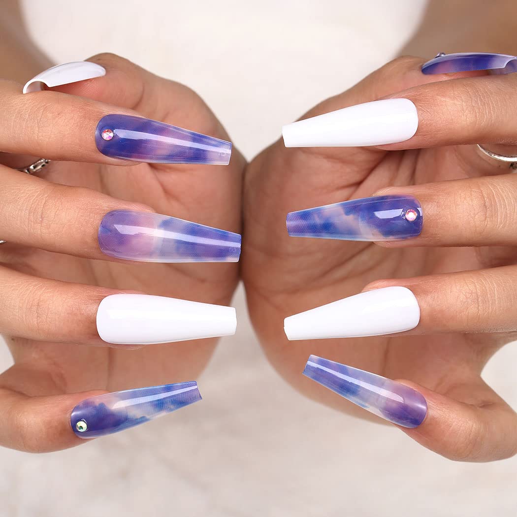 Glossy Purple Press on Nails Long Coffin Shape with Marble Design & Glitter Rhinestones - 24Pcs Full Cover False Nails for Women & Girls - Perfect for Parties, Weddings, and Special Occasions