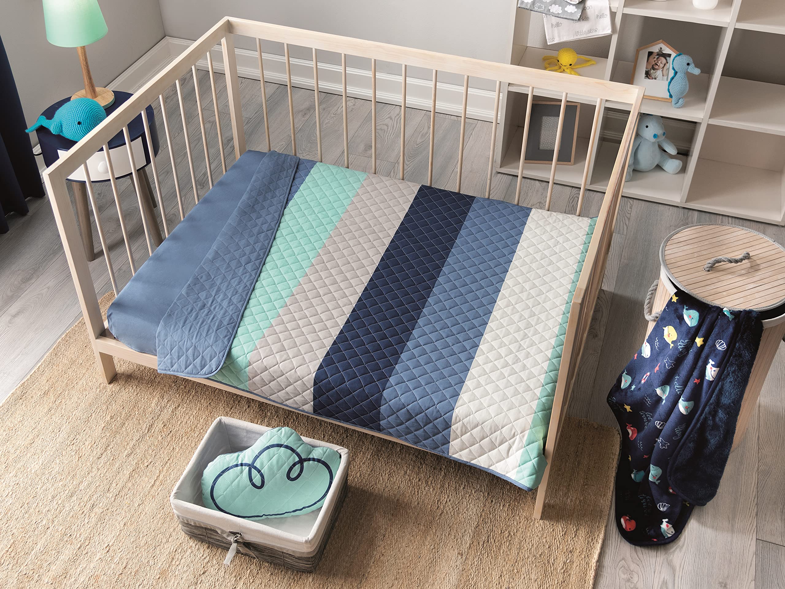 DreamPartyWorld 4-Piece Blue Stripes Baby Boy Crib Bedding Set - 100% Cotton Soft Nursery Bedding for Newborns & Infants - Perfect for Baby Showers, Nursery Decor, and Cozy Sleep Time