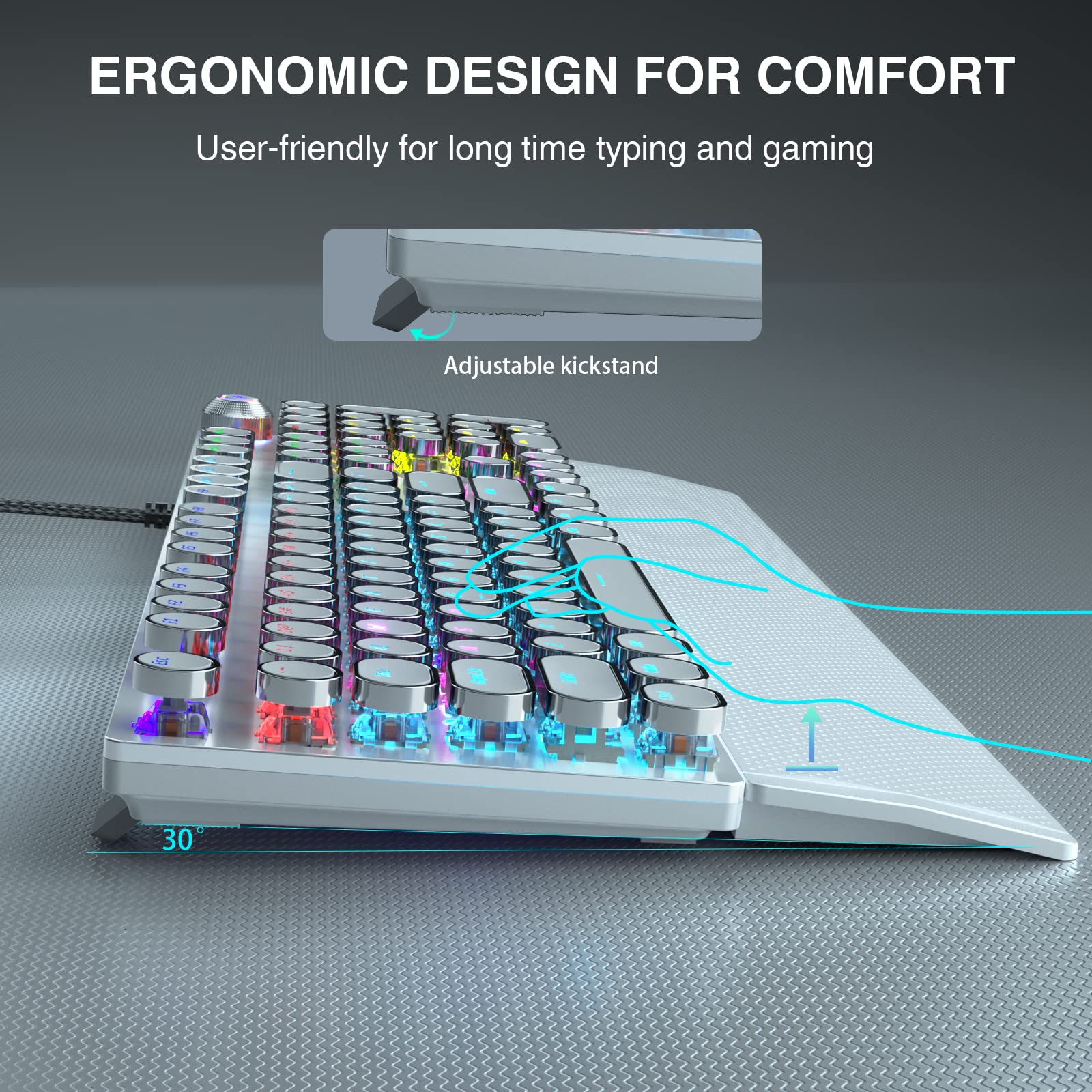 AULA F2088 Retro Mechanical Gaming Keyboard - Blue Switches, Removable Wrist Rest, RGB Backlit, Round Keycaps, 108 Keys Wired USB (White) - Perfect for Typing, Gaming & Office Work