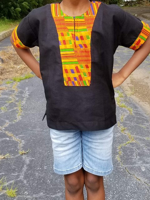 Stylish Black Dashiki Shirt with Authentic Kente Trim - African Print Cotton Top DPC3256 for Men - Perfect for Cultural Events, Weddings & Afrocentric Fashion