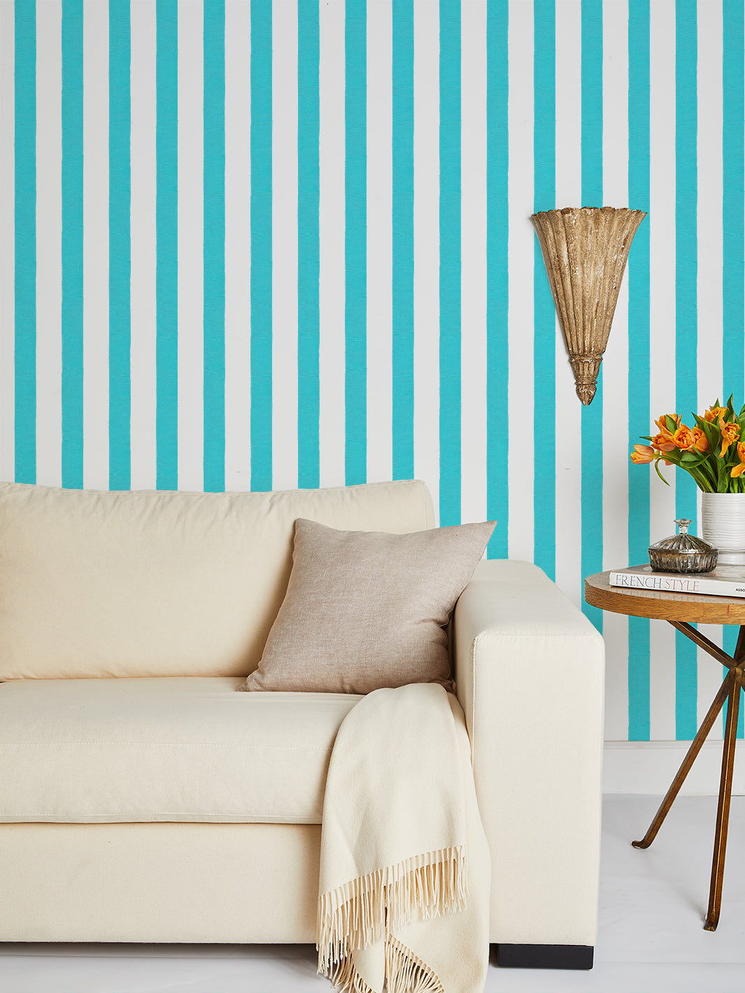Sarah Jessica Parker Capri Blue Grosgrain Stripe White Wallpaper - Elegant Home Decor for Living Room, Bedroom & Office