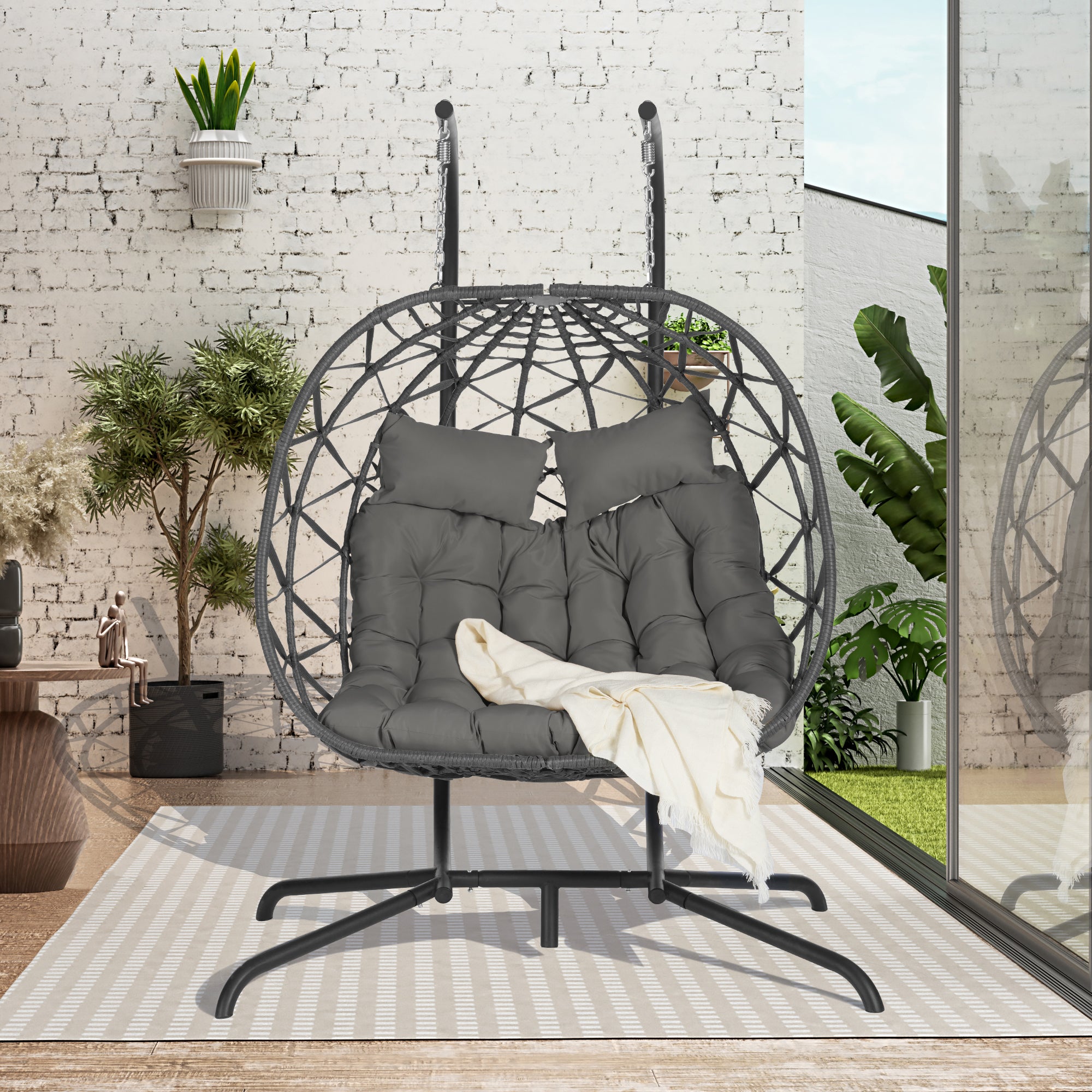 Double Egg Chair with Stand - Hanging Indoor/Outdoor Wicker Rattan Swing Chair with UV-Resistant Cushions (600 lbs Capacity) - Perfect for Bedroom, Balcony, Patio & Garden Relaxation
