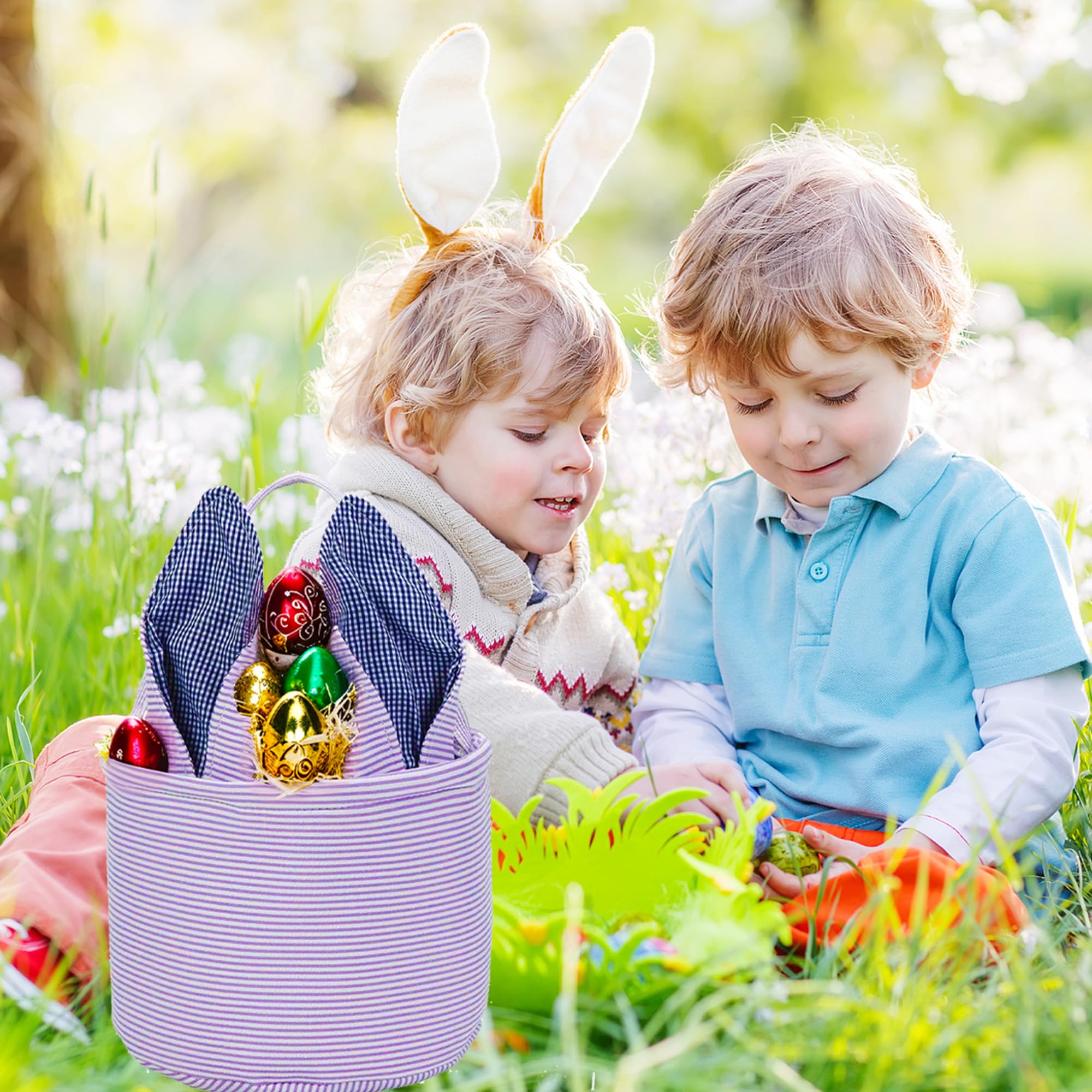 Personalized Easter Bunny Basket - Seersucker Egg Bags for Kids, Fluffy Tail Rabbit Print Candy Buckets (Purple) | Perfect for Easter Egg Hunts, Party Favors & Spring Gift Giving