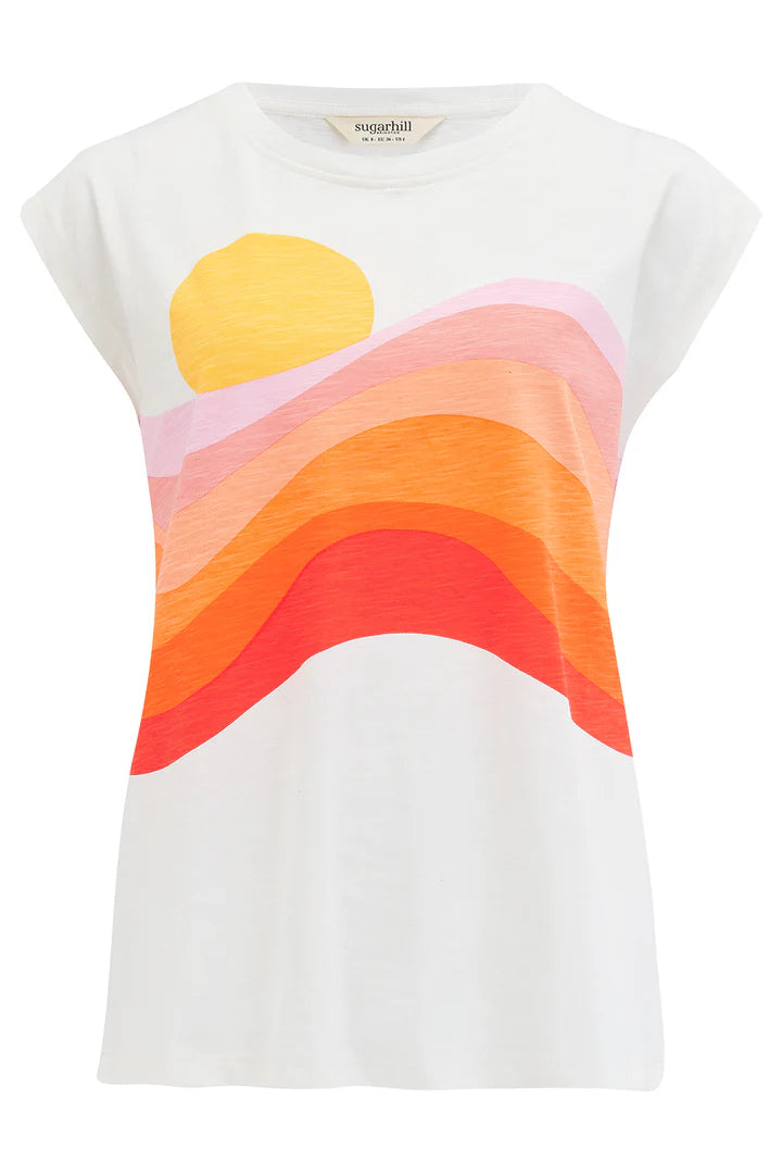 Chrissy Relaxed Tank T-Shirt for Women - Soft & Comfortable Off White & Sunset Waves Print - Perfect for Summer, Beach, and Casual Wear