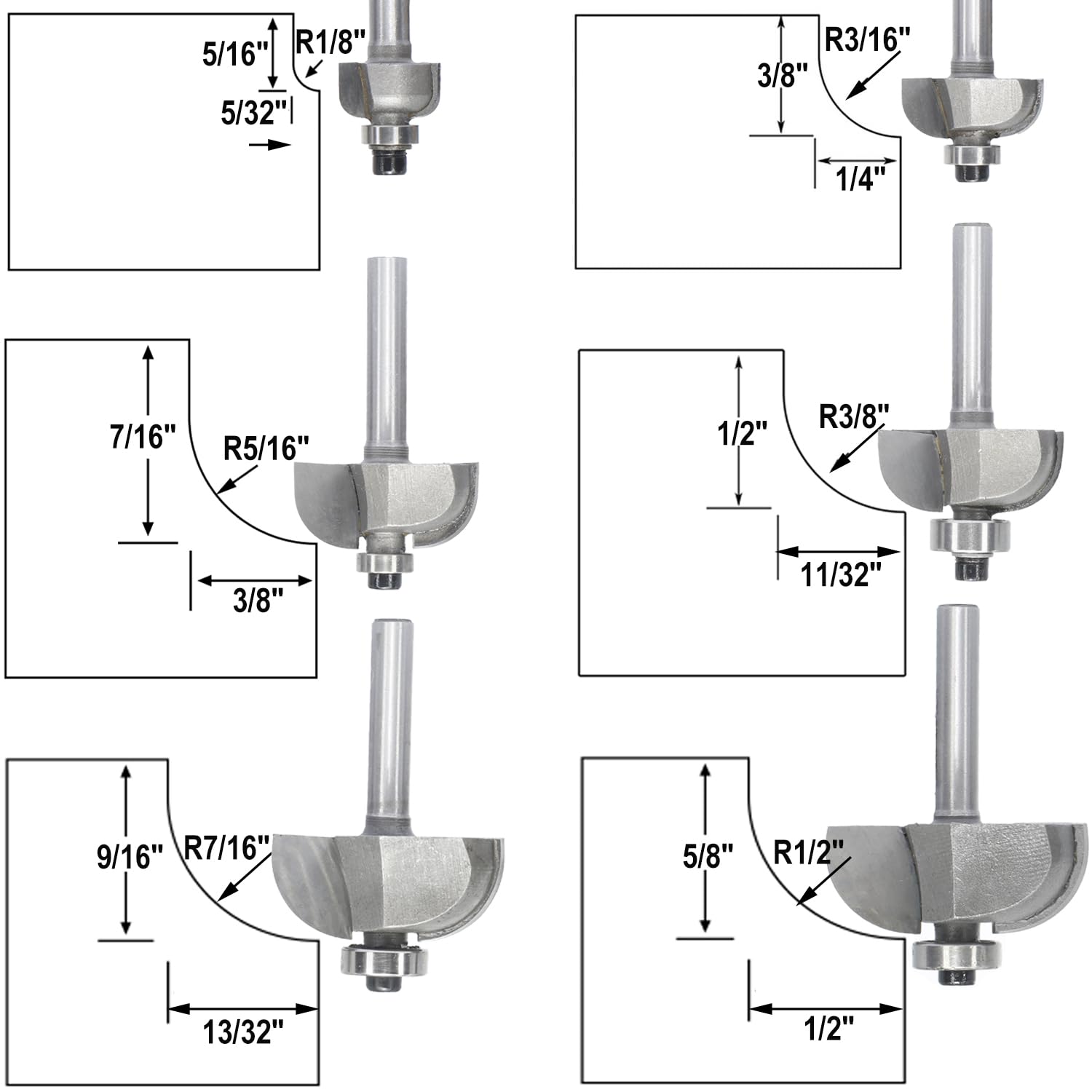 6-Piece Cove Router Bit Set with 1/4