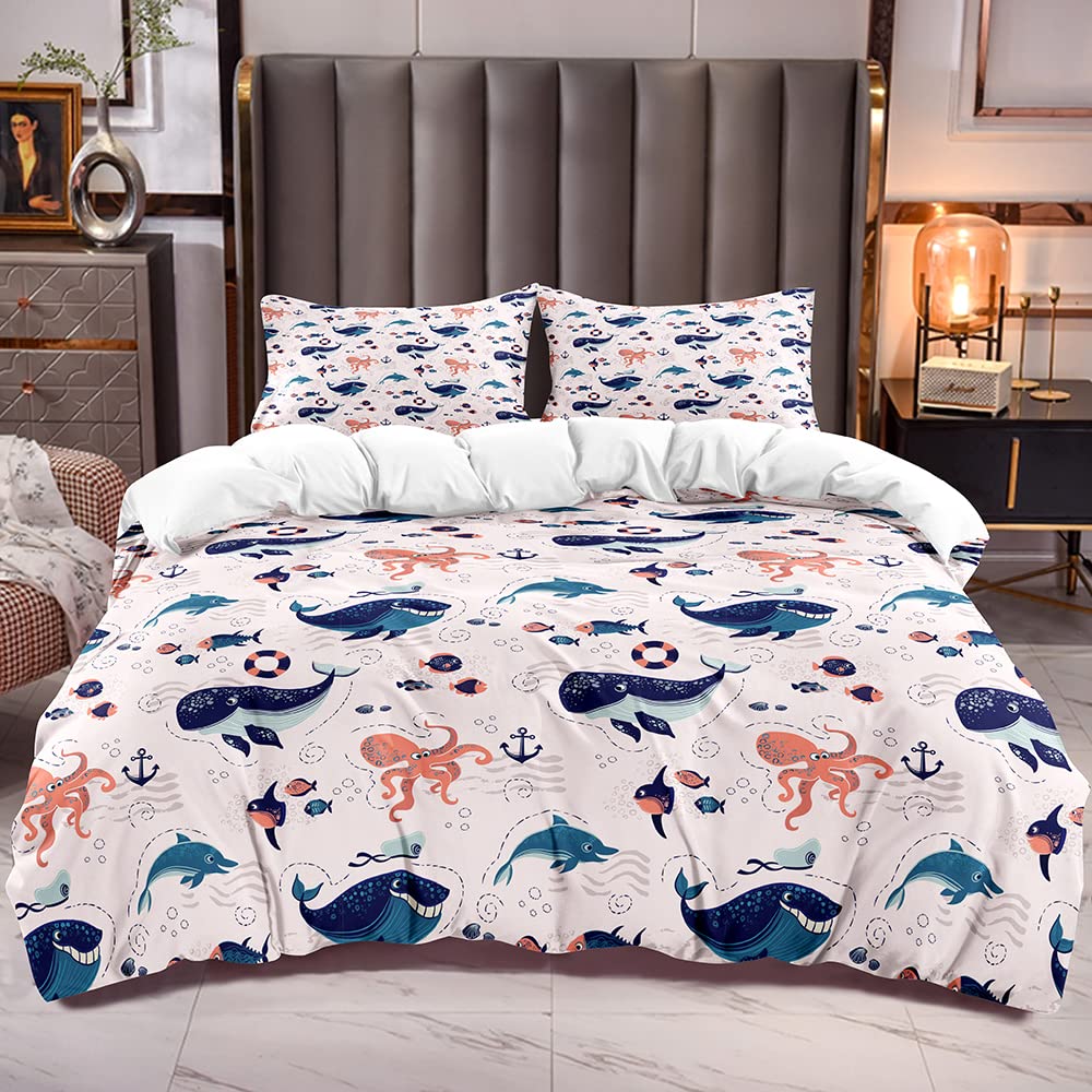 Ocean Animal Comforter Cover Set - Cal King Size Whale Octopus Dolphin Print Duvet with 2 Pillowcases | Kids Boys Girls Sealife Bedding | Perfect for Nursery, Kids Room & Coastal Themed Decor