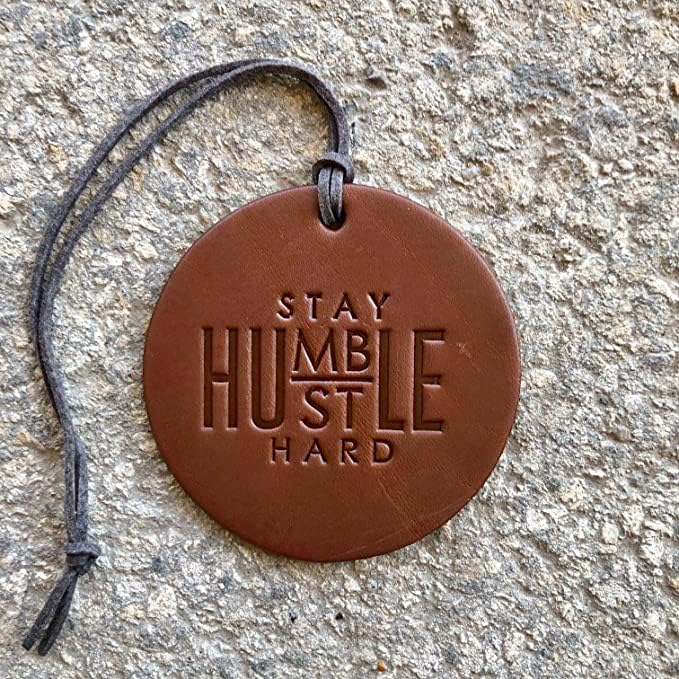 Premium Leather Car Air Freshener - Cherry Scented, Stay Humble Hustle Hard Motto - Luxury Car Accessories for Fresh & Invigorating Ride | Perfect for Daily Commute, Road Trips & Office Travel
