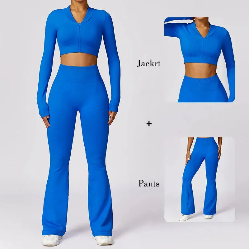 2 Pcs Women's Workout Set - Flared Yoga Pants & Long Sleeve Top - Quick Dry Gym Clothes for Women - Perfect for Yoga, Pilates & Fitness Training