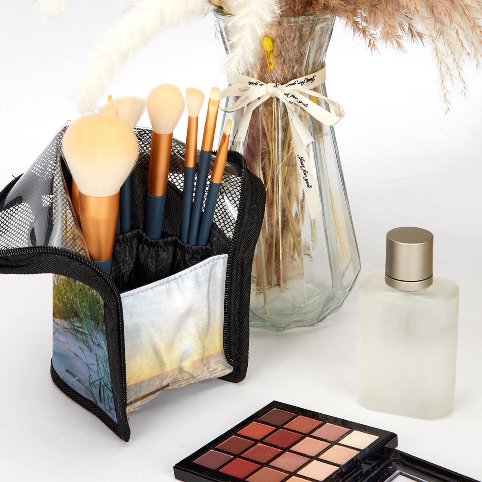 12-Piece Makeup Brush Organizer Bag with Portable Holder Case - Sunset Sand & Sea Beach Design - Perfect for Travel, Home Storage & Professional Makeup Artists