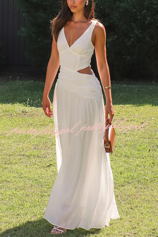 Elegant Solid Color V-Neck Waist Hollow Slim Maxi Dress for Women - Perfect for Summer Beach, Party & Evening Occasions