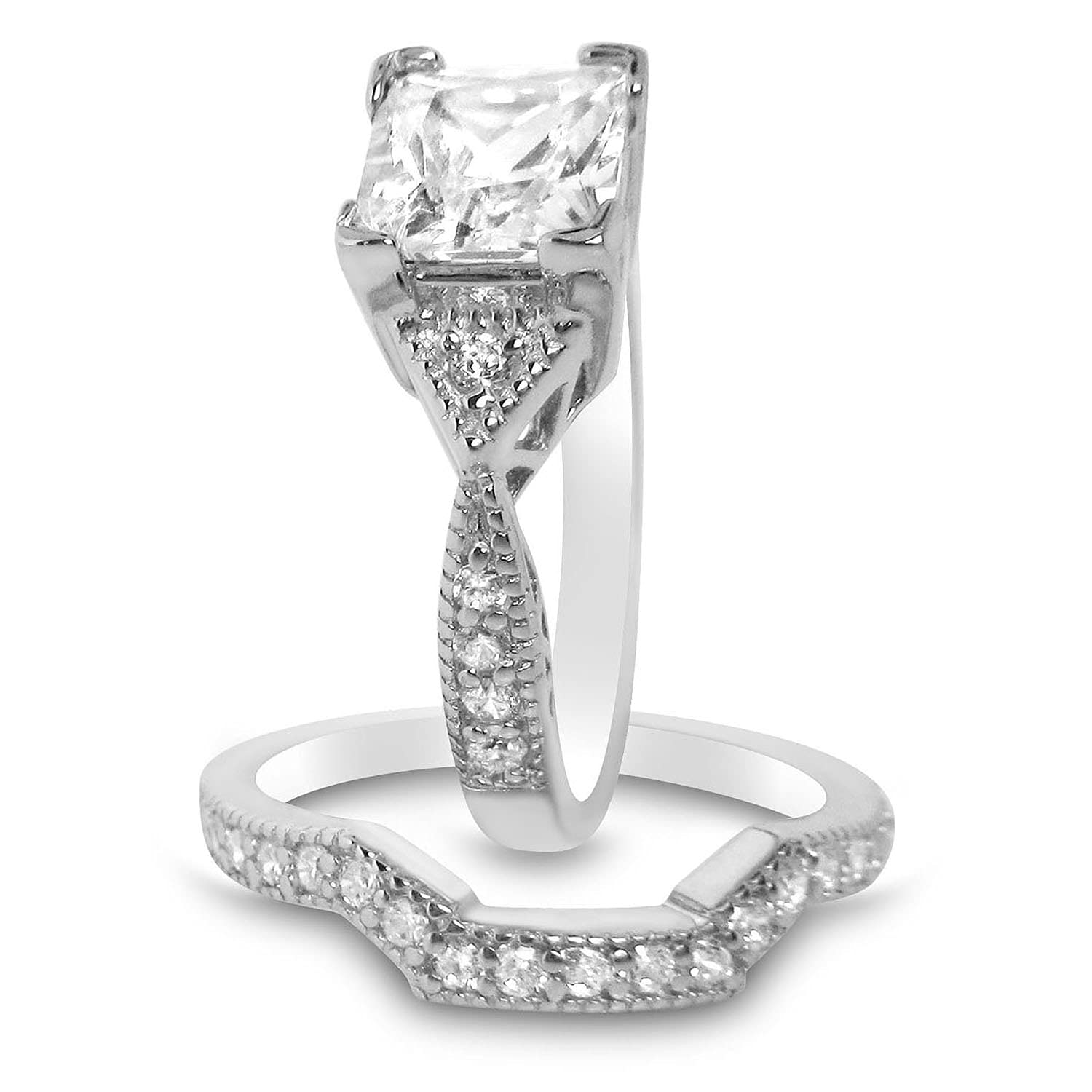 Princess Cut Wedding Ring Set for Couples - His & Her Matching Black Band Engagement Rings - Perfect for Anniversaries, Proposals & Romantic Occasions
