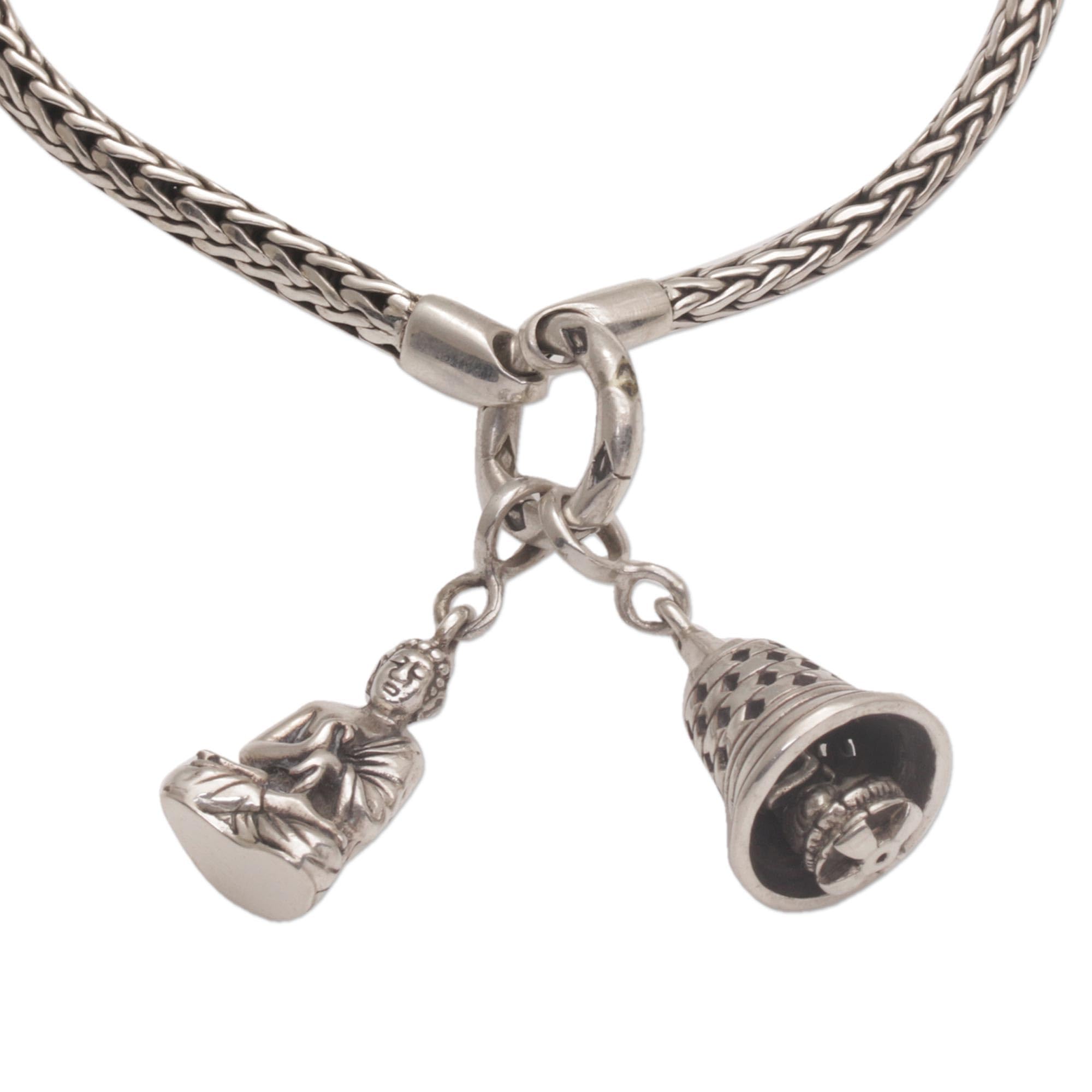 Handmade Sterling Silver Bali Buddha Charm Bracelet - Stupa Bell & Geometric Buddhism Design (1.2