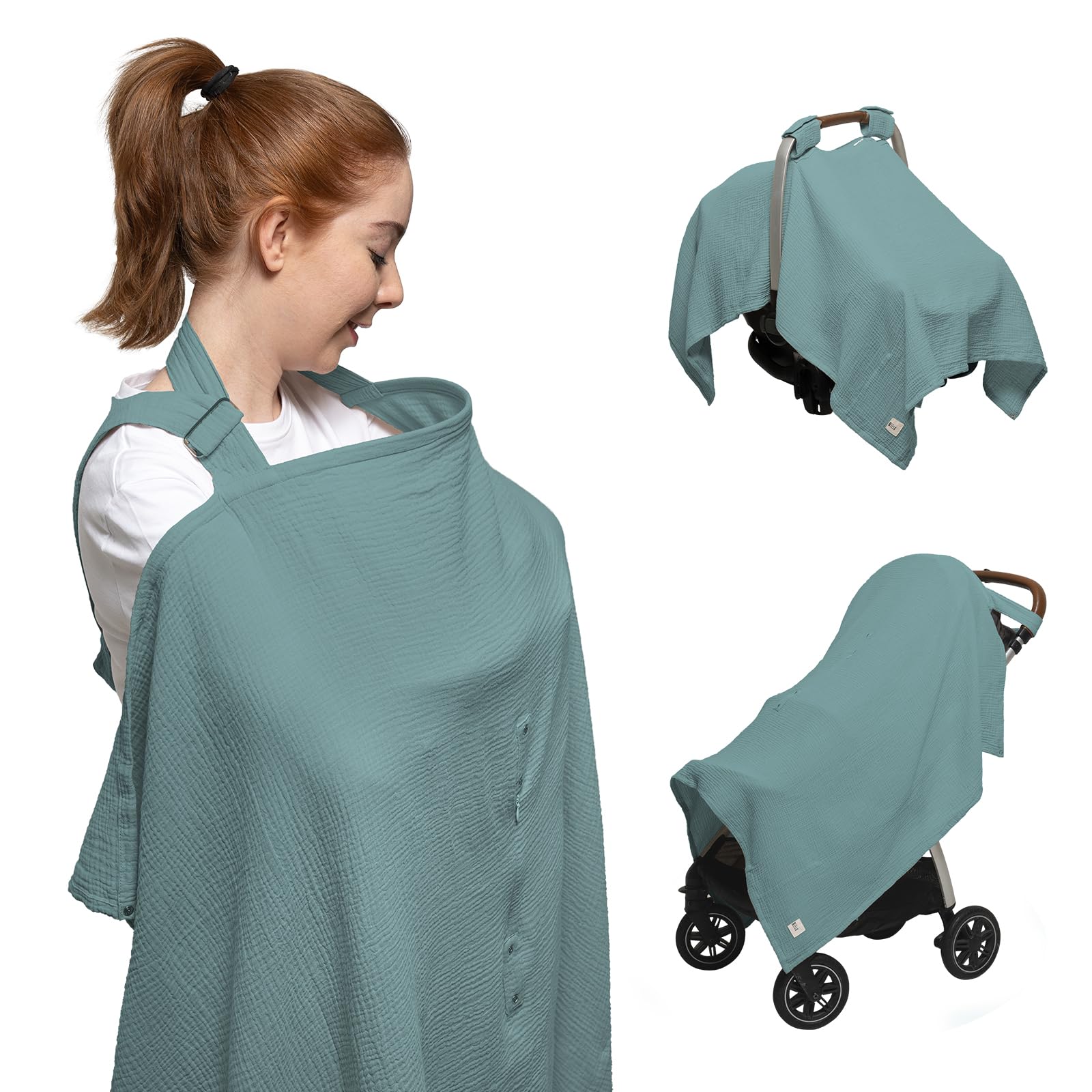 Nilsa 5-in-1 Muslin Nursing Cover for Breastfeeding & Baby Car Seat - 100% Cotton Breathable Nursing Cover with Rigid Hoop - Privacy Apron for Nursing Moms (Mint Green) | Perfect for On-the-Go Feeding, Shopping & Travel