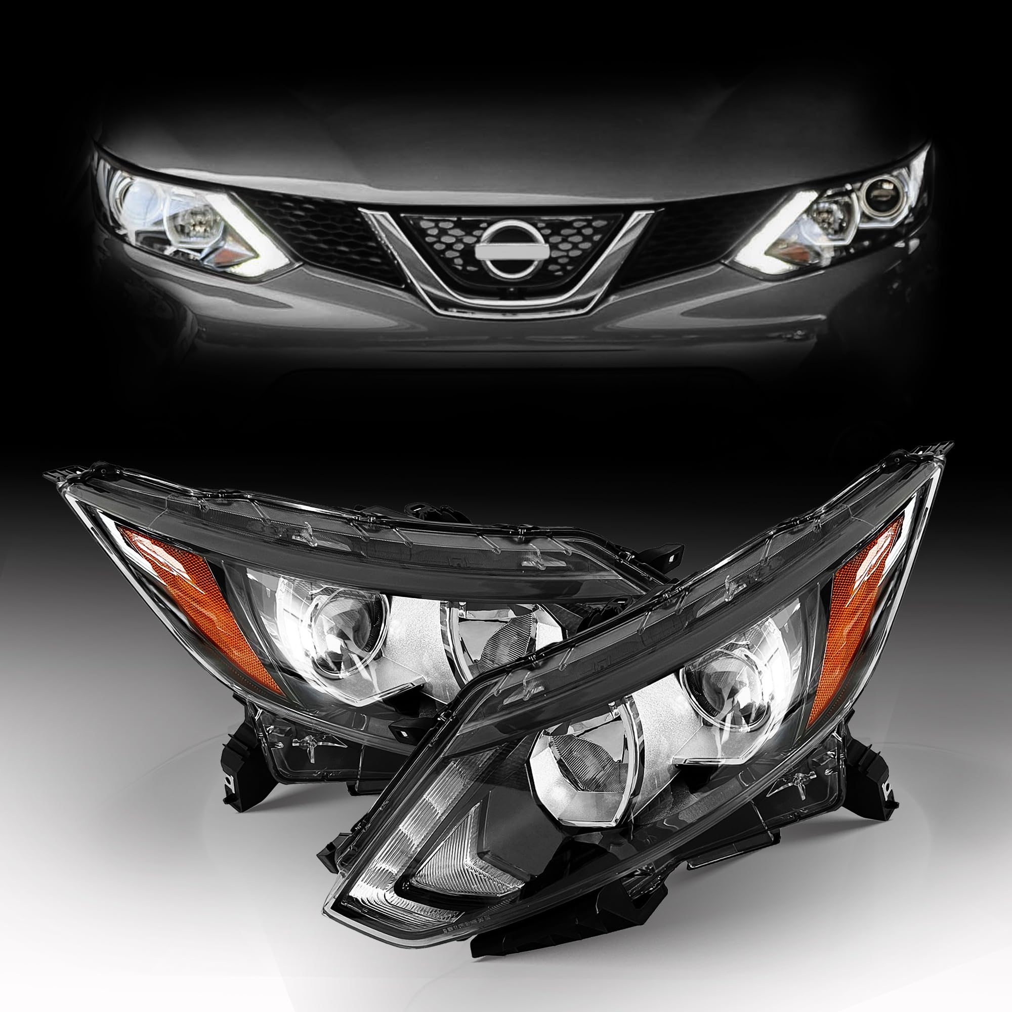 2PCS Halogen Headlight Chrome Housing Clear Lens Headlamp - Left & Right Compatible with 2017-2019 Nissan Rogue Sport (Part# 260606MA0A, 260106MA0A) - Perfect for Night Driving & Foggy Conditions