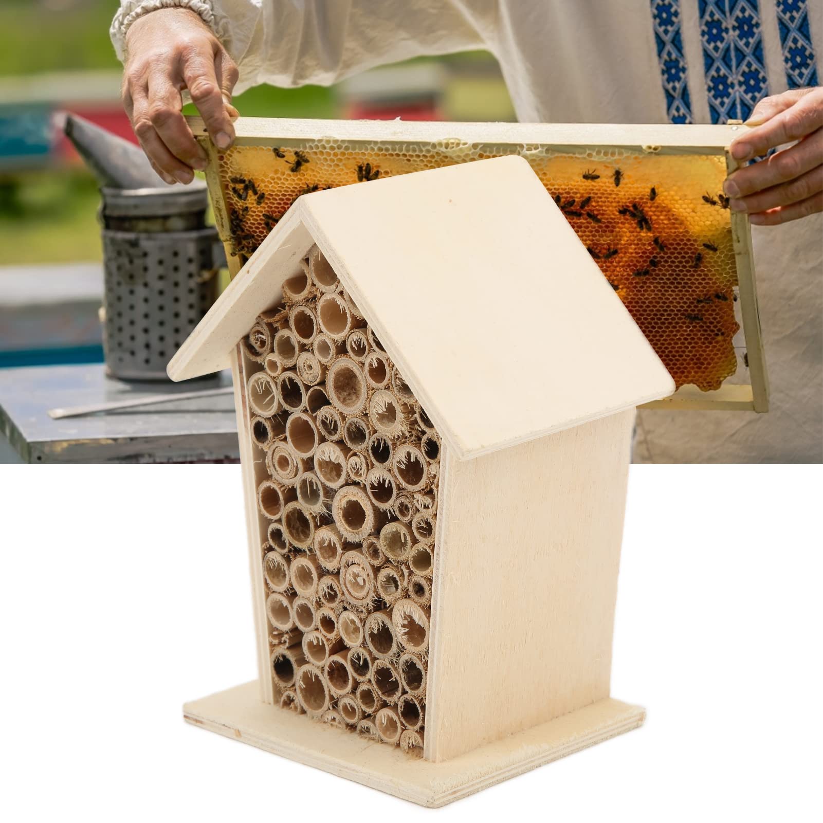 Hztyyier Wooden Bee House - Natural Attractive Design Outdoor Garden Bee Hive for Pollinators, Perfect for Backyard, Patio, and Garden Decor to Attract Bees & Beneficial Insects
