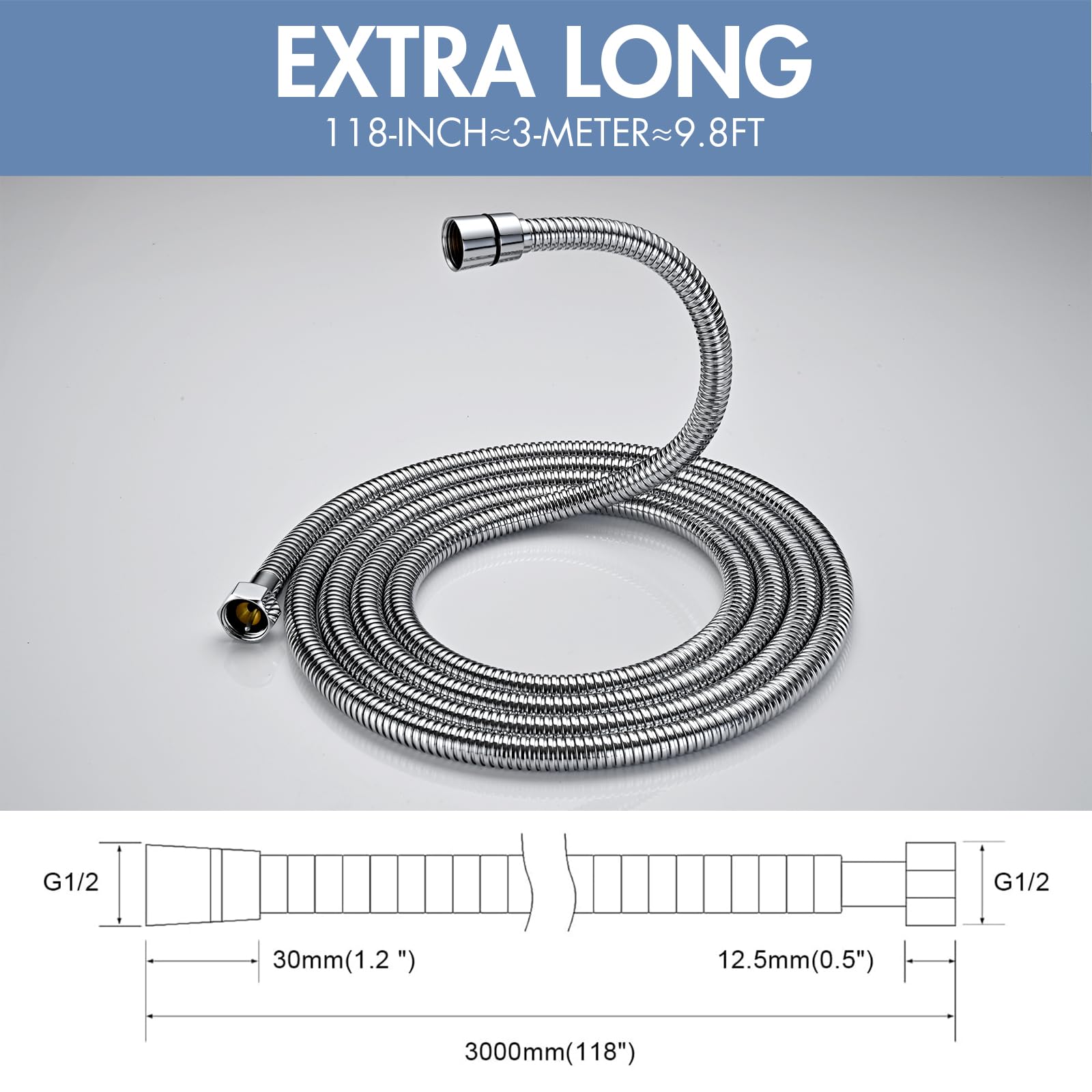 Premium 118-Inch (3m) Stainless Steel Shower Hose - Extra Long Anti-Twist Handheld Shower Extension - Universal Replacement for All Shower Heads (Chrome Finish) - Perfect for Bathroom Renovations, RV Showers & Spa-Like Experience