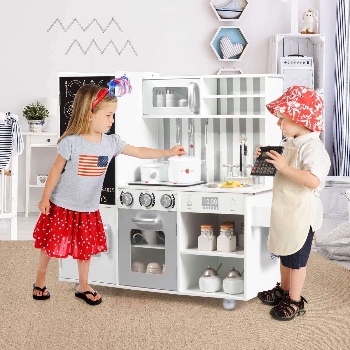 Fireflowery Kids Kitchen Playset - Pretend Play Kitchen for Toddlers with Simulated Sound, Utensils, Blackboard, Sink & Stovetop - Modern Wooden Toy Kitchen Set for Ages 3+ | Perfect for Role Play, Birthday Gifts & Early Learning Development