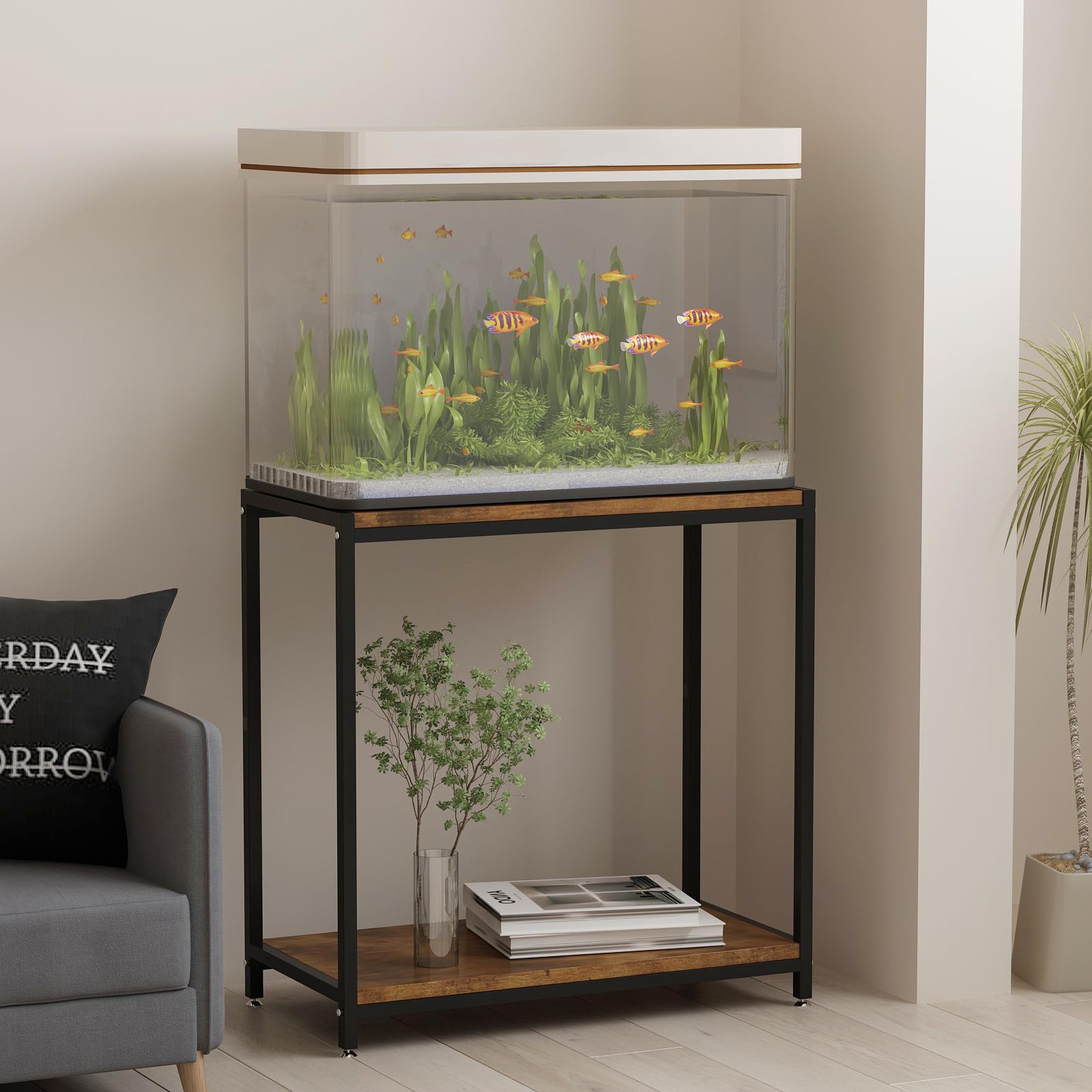 20 Gallon Heavy Duty Metal Aquarium Stand with Storage Shelves - Sturdy Fish Tank Rack for Reptile Terrariums, Turtle Tanks - Perfect for Home, Office & Pet Accessories Organization (Black) - Ideal for Living Room, Bedroom & Reptile Enclosures