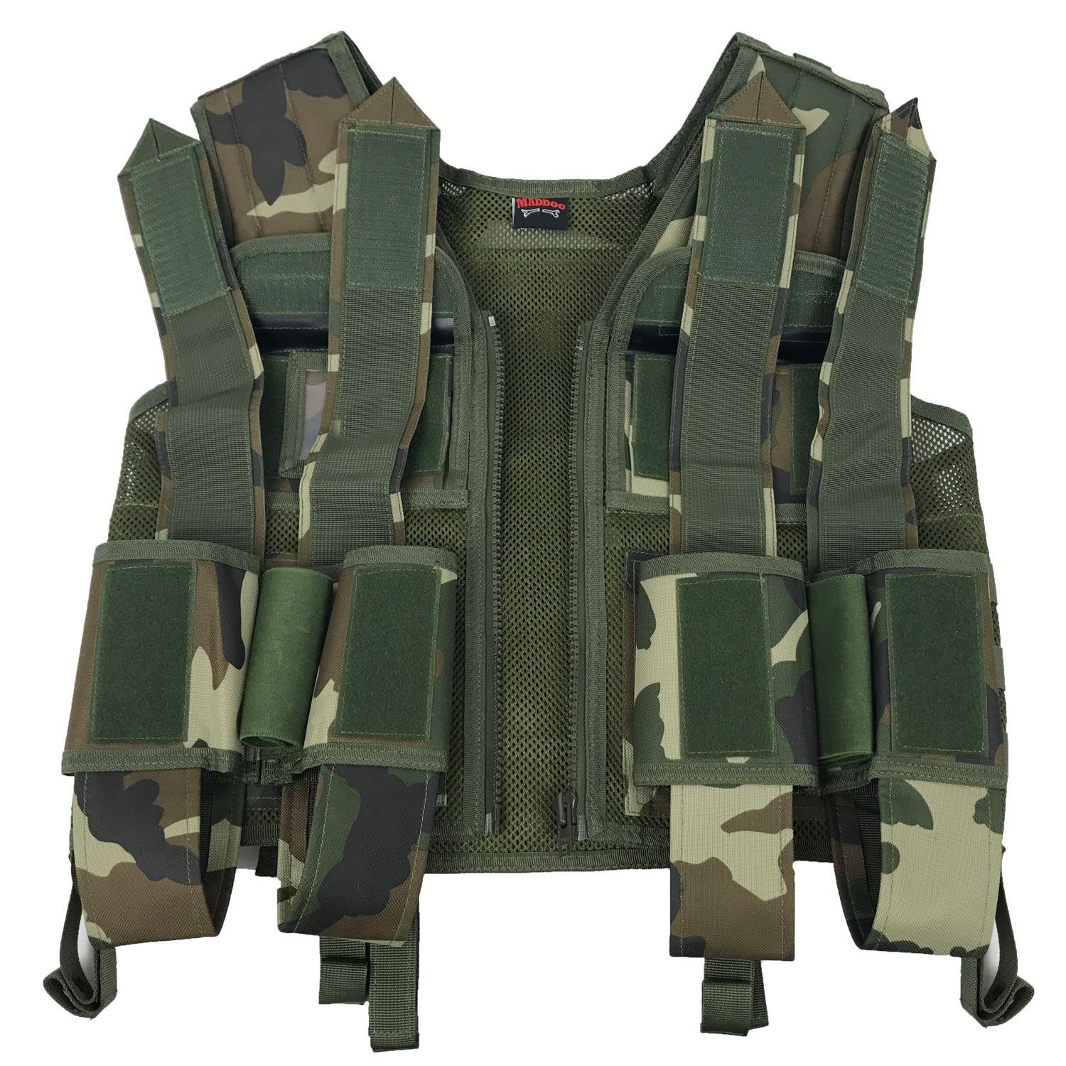 Maddog Tactical Paintball Battle Vest - Woodland Camo Airsoft Vest for Outdoor Sports, Hunting & Military Simulation | Adjustable Molle System & Durable Nylon Construction