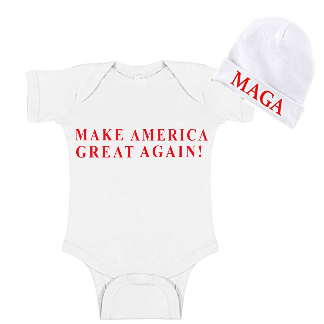 Donald Trump Make America Great Again (MAGA) Baby Bodysuit & White Rib Cap - Patriotic Outfit for Infants & Toddlers - Perfect for Political Rallies, 4th of July, and Family Photo Shoots