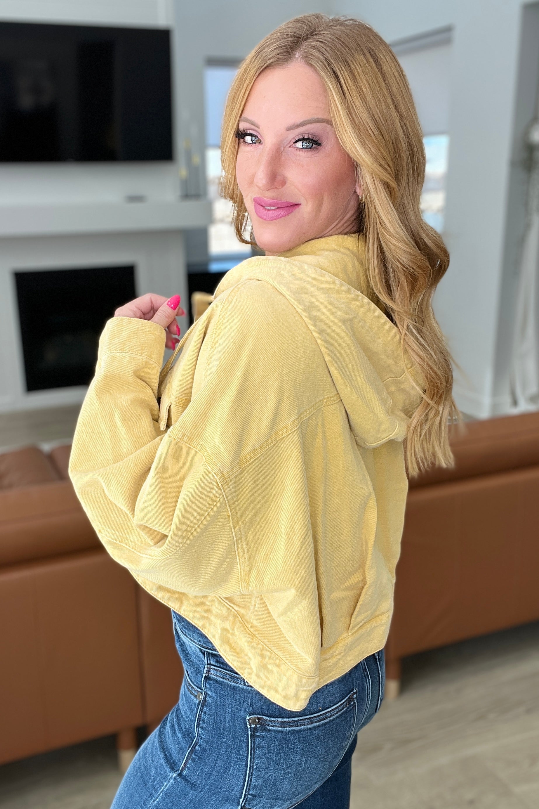 Gee Gee Mustard Cropped Hooded Denim Jacket for Women - Trendy Distressed Vintage Style - Perfect for Casual Outfits & Streetwear Fashion