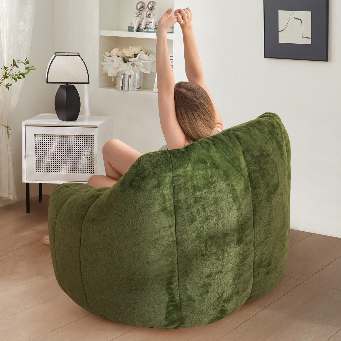 MAXYOYO Faux Fur Oversized Bean Bag Chair with High Backrest - Green Comfortable Lounge Chair for Living Room, Bedroom & Game Room Relaxation