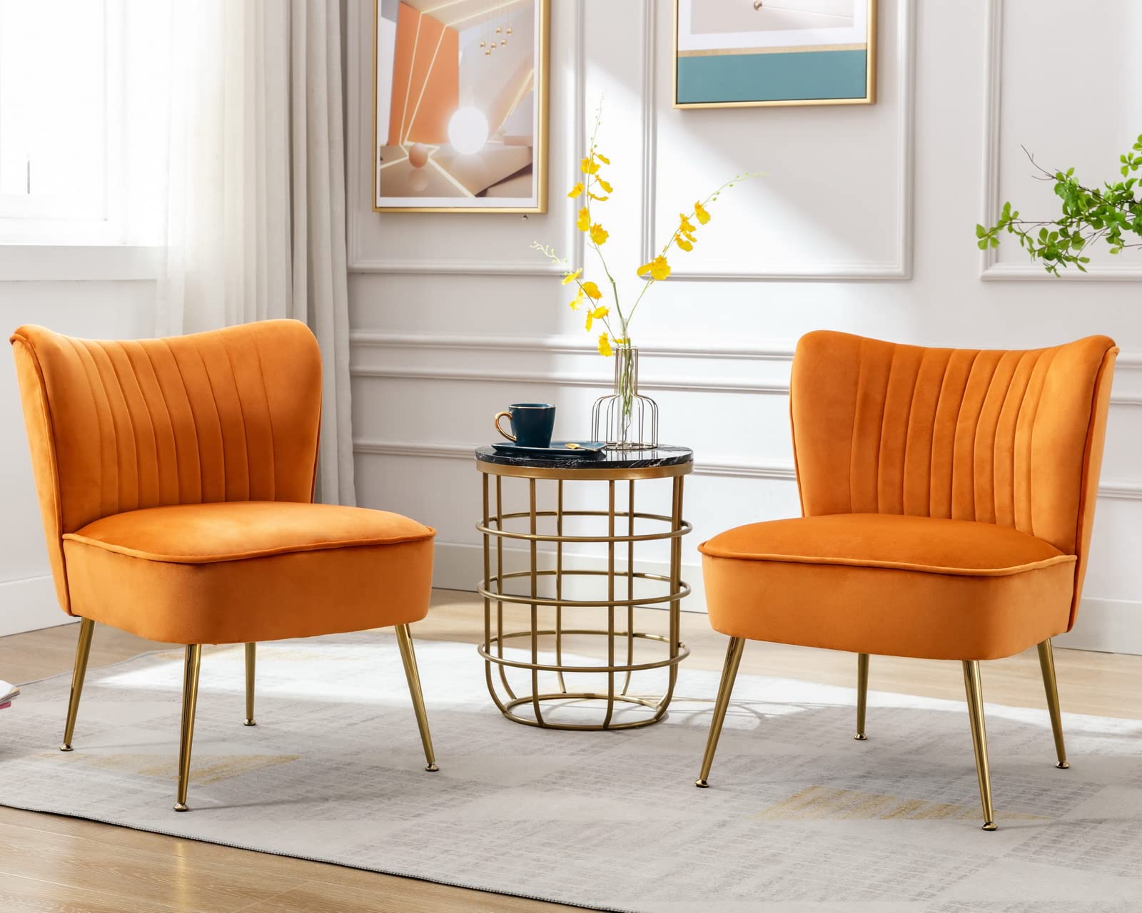 Cimota Velvet Accent Chairs Set of 2 - Modern Armless Wingback Slipper Chairs with Golden Legs for Living Room, Bedroom, Lounge - Soft Orange Upholstered Comfy Corner Seating for Home Decor & Relaxation