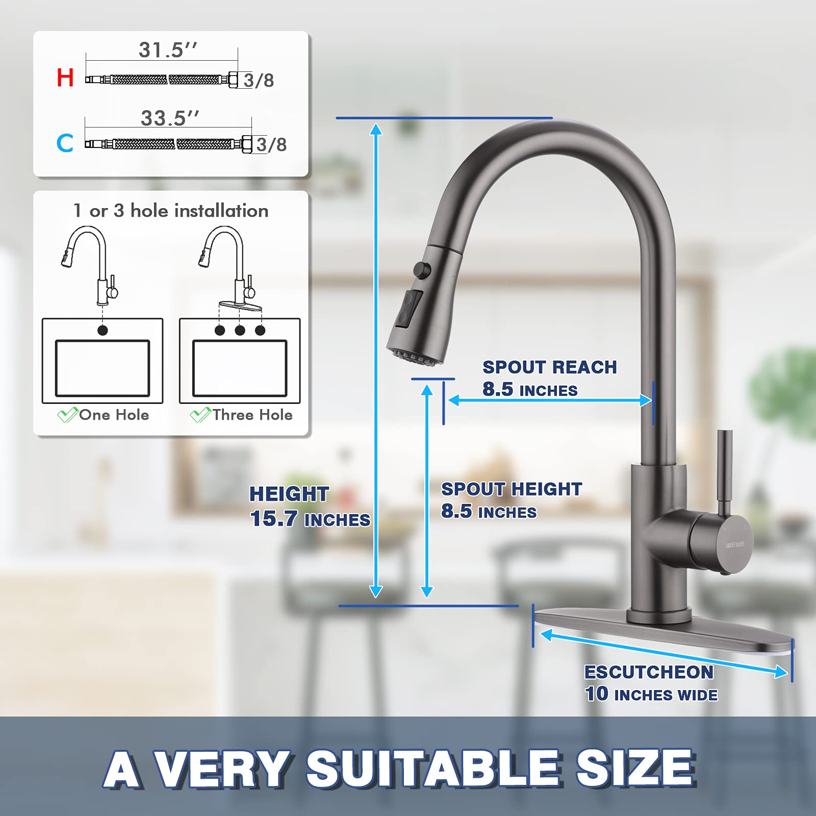 WEWE Black Stainless Steel Kitchen Faucet with Pull Down Sprayer - Single Handle Commercial Modern RV Laundry Sink Faucet with Soap Dispenser | Perfect for Home, Restaurant & RV Use