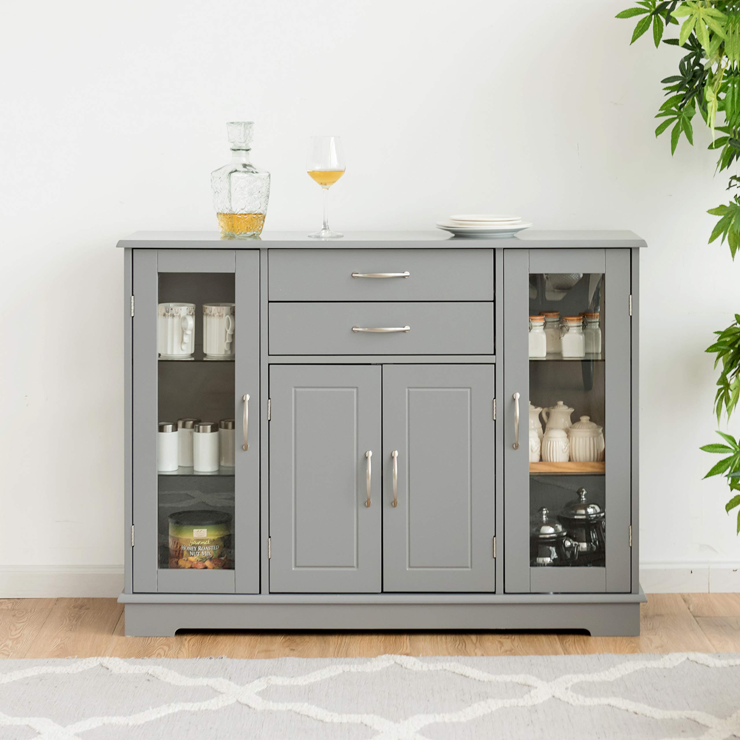 Giantex Gray Sideboard Buffet Server with 2 Drawers & 3 Cabinets - Kitchen Storage Cabinet with Glass Doors for Dining Room Furniture, Cupboard Console Table - Perfect for Entertaining, Holiday Serving & Home Organization