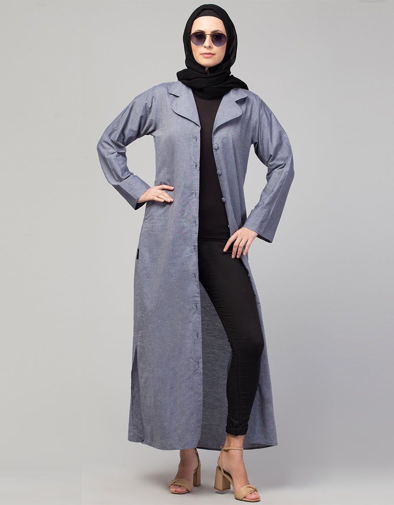 Sky Blue Arabic Abaya with Self-Fabric Buttons & Coat Collar - Modest Islamic Dress for Prayer, Mosque & Special Occasions