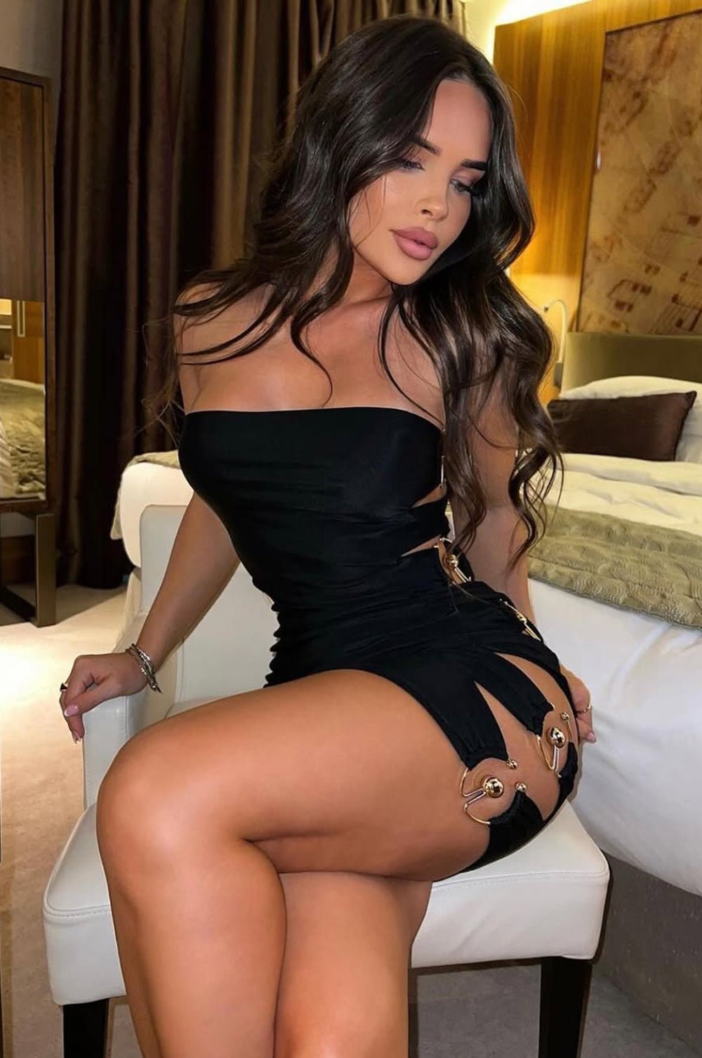 Elegant Black Gold Ring Strapless Cut Out Mini Dress for Women - Sexy Clubwear, Night Out, Party, Date Night, Formal Events