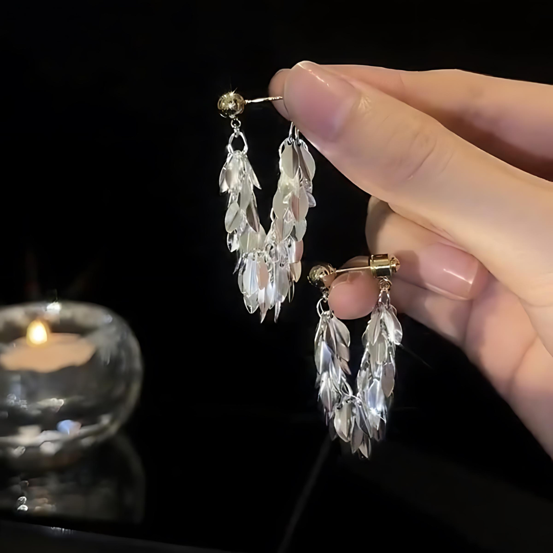 Luxury Sequin Metal Tassel Leaf Drop Earrings for Women - Elegant Party Jewelry, Evening Wear Accessories, Prom & Wedding Dangle Earrings | A8791