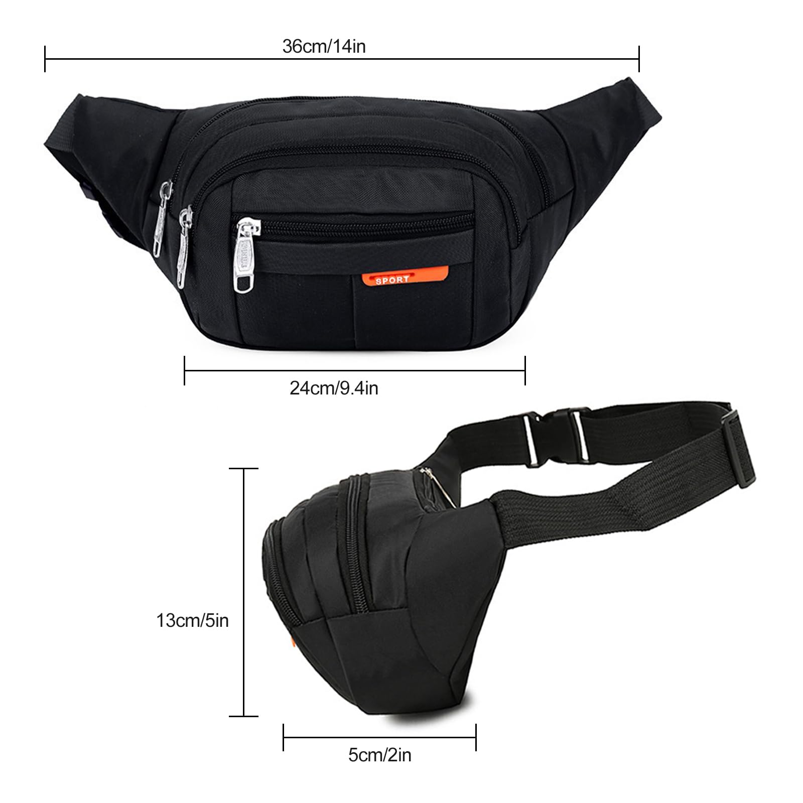 Men's Black Fanny Pack Waist Bag - Crossbody Bum Bag with 4 Zipper Pockets, Durable Oxford Cloth for Outdoor Activities, Cycling, Running & Travel