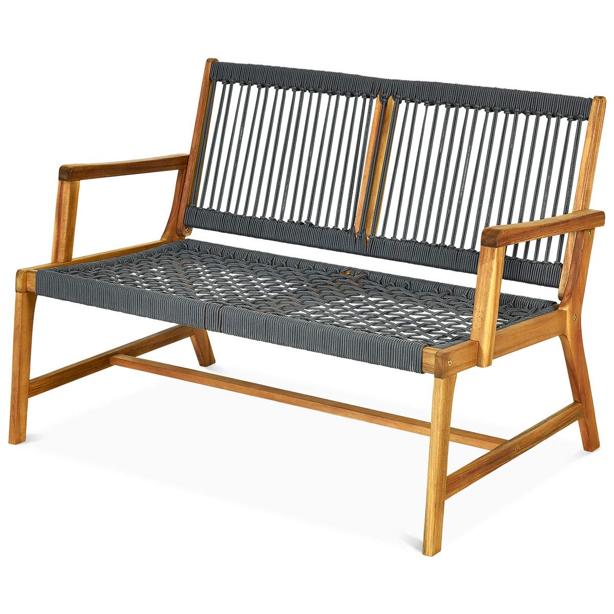 2-Person Acacia Wood Outdoor Patio Bench with Backrest & Armrest - Gray Weather-Resistant Loveseat for Garden, Porch, Poolside, Balcony - Perfect for Relaxing and Entertaining Outdoors