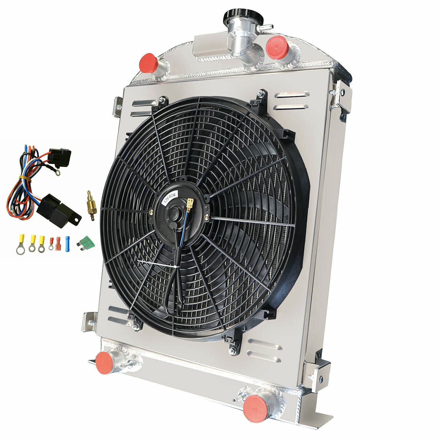 3 Row Aluminum Radiator with Shroud Fan & Relay Kit - Compatible with 1932 Ford Flathead V8 (Stock Height) - Perfect for Classic Car Restoration & Hot Rod Cooling System Upgrades