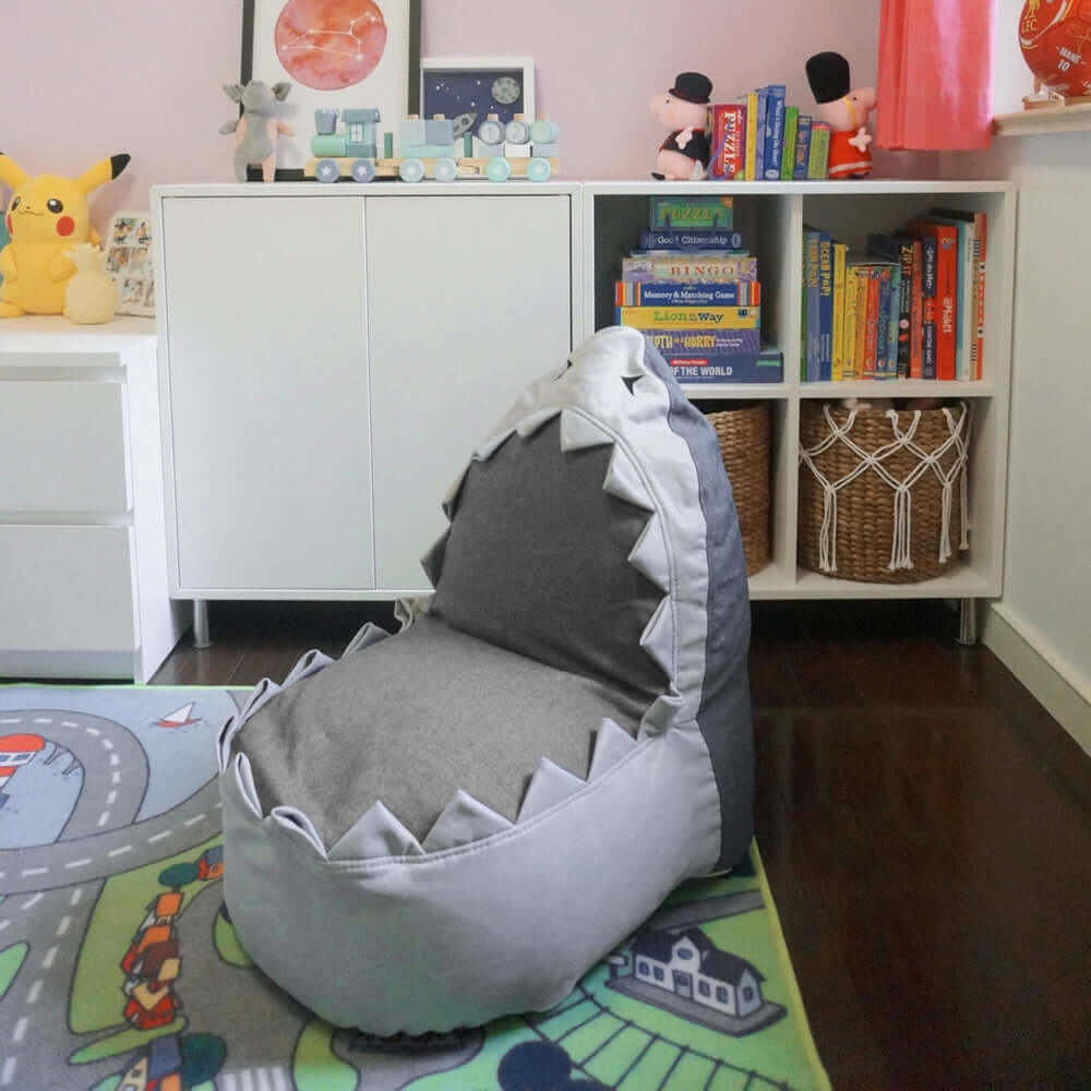 Shark Shaped Kids Bean Bag Chair - Soft Gray Fabric with Foam Filling for Playroom, Bedroom, or Reading Nook
