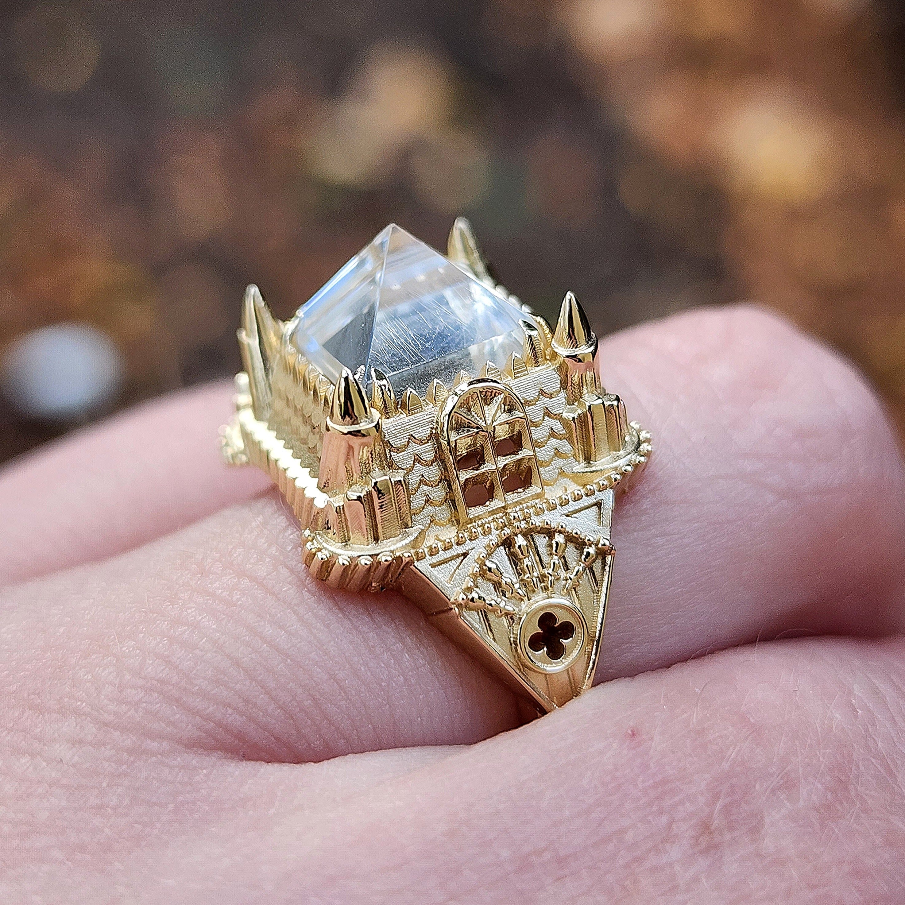 14K Gold Haunted Castle Tower Ring with Pyramid Quartz & Hidden Skull - Gothic Cocktail Jewelry for Halloween, Size 6 8 - Witchy Aesthetic Jewelry for Dark Academia Lovers, Perfect for Spooky Parties & Vampire-Themed Events