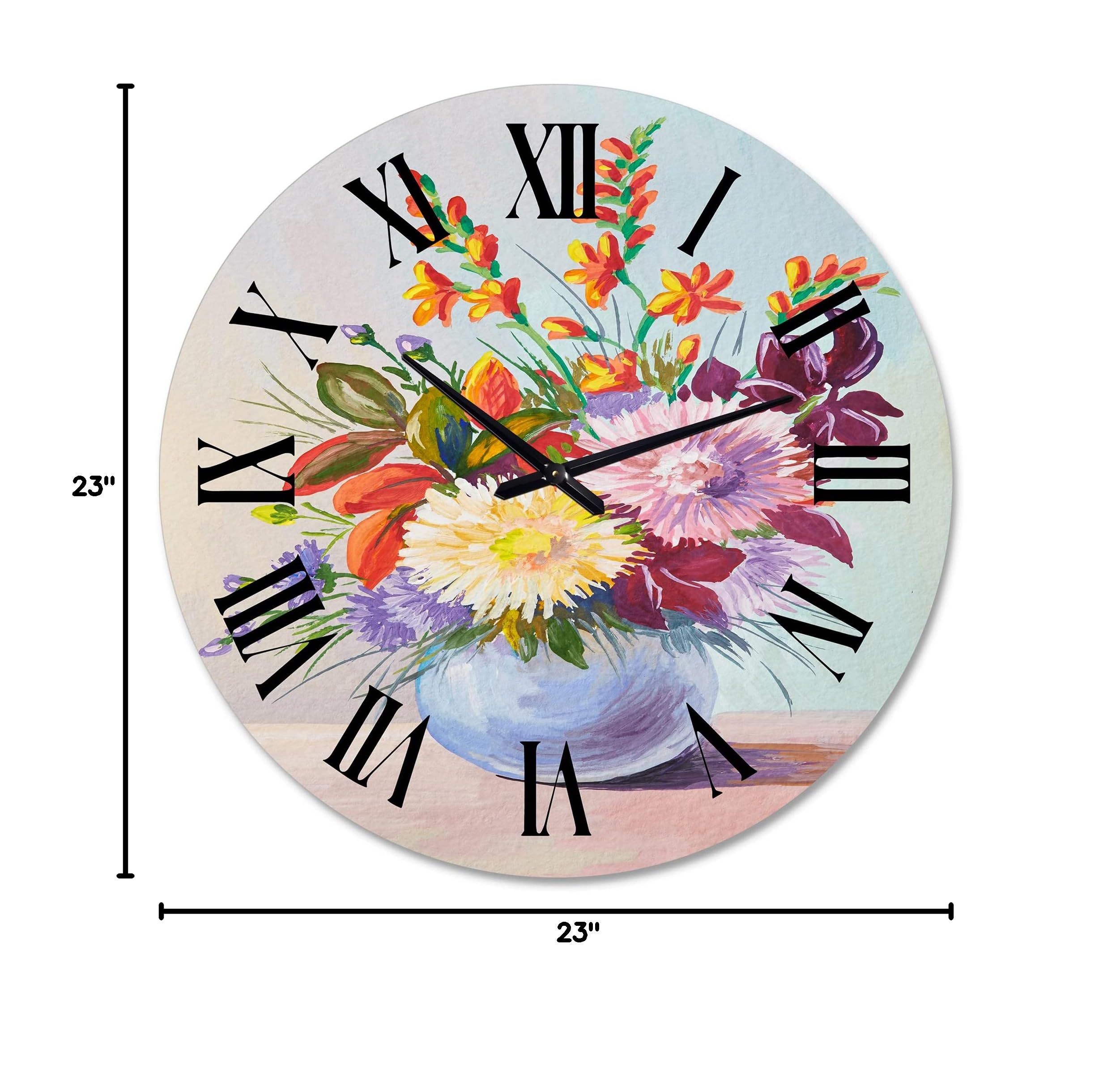 DesignQ Traditional Wall Clock - Still Life with Asters on White Flowers in Vase - Large Floral & Botanical Wall Clock for Kitchen, Living Room, Bedroom Decor - Perfect for Home & Office