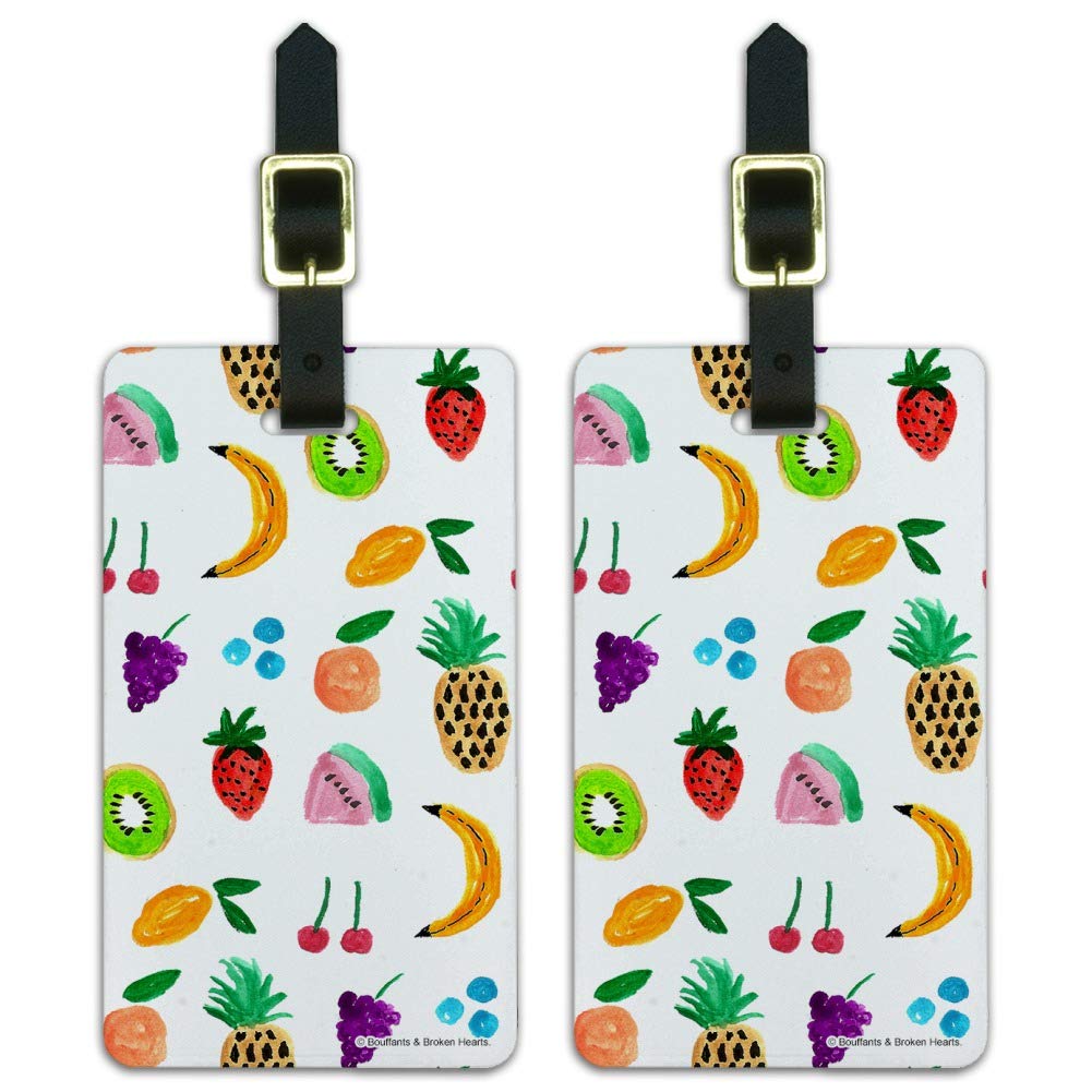 Colorful Tiny Fruits Luggage ID Tags - Set of 2 (Bananas, Cherries, Grapes, Kiwi) for Travel Bags, Backpacks & Suitcases - Perfect for Kids & Family Vacation Identification