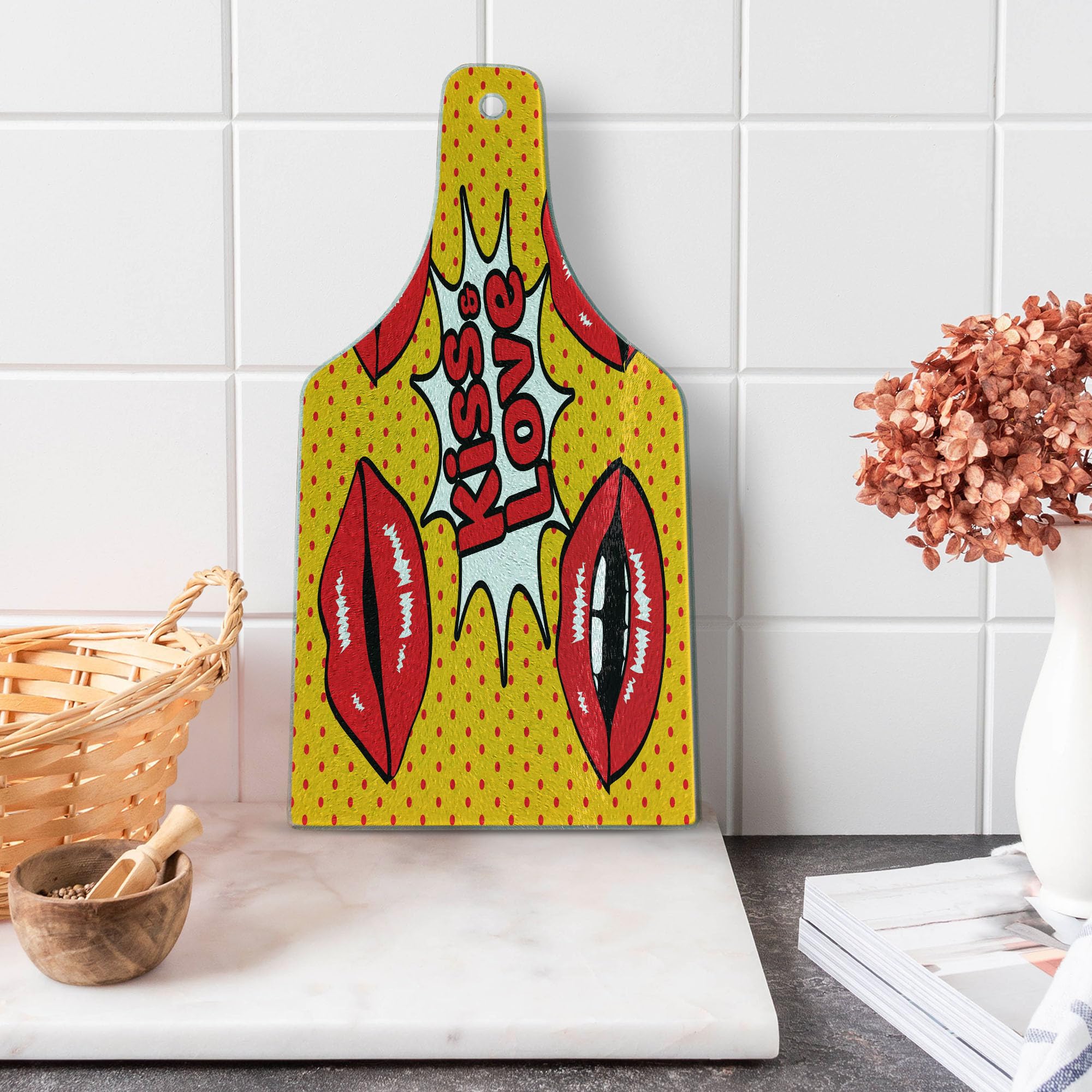 Vintage Retro Hot Woman Red Lips with Dots Art Glass Cutting Board - Wine Bottle Shape Kitchen Serving Board for Cheese, Charcuterie & Entertaining - Marigold Scarlet & White Decorative Tempered Glass