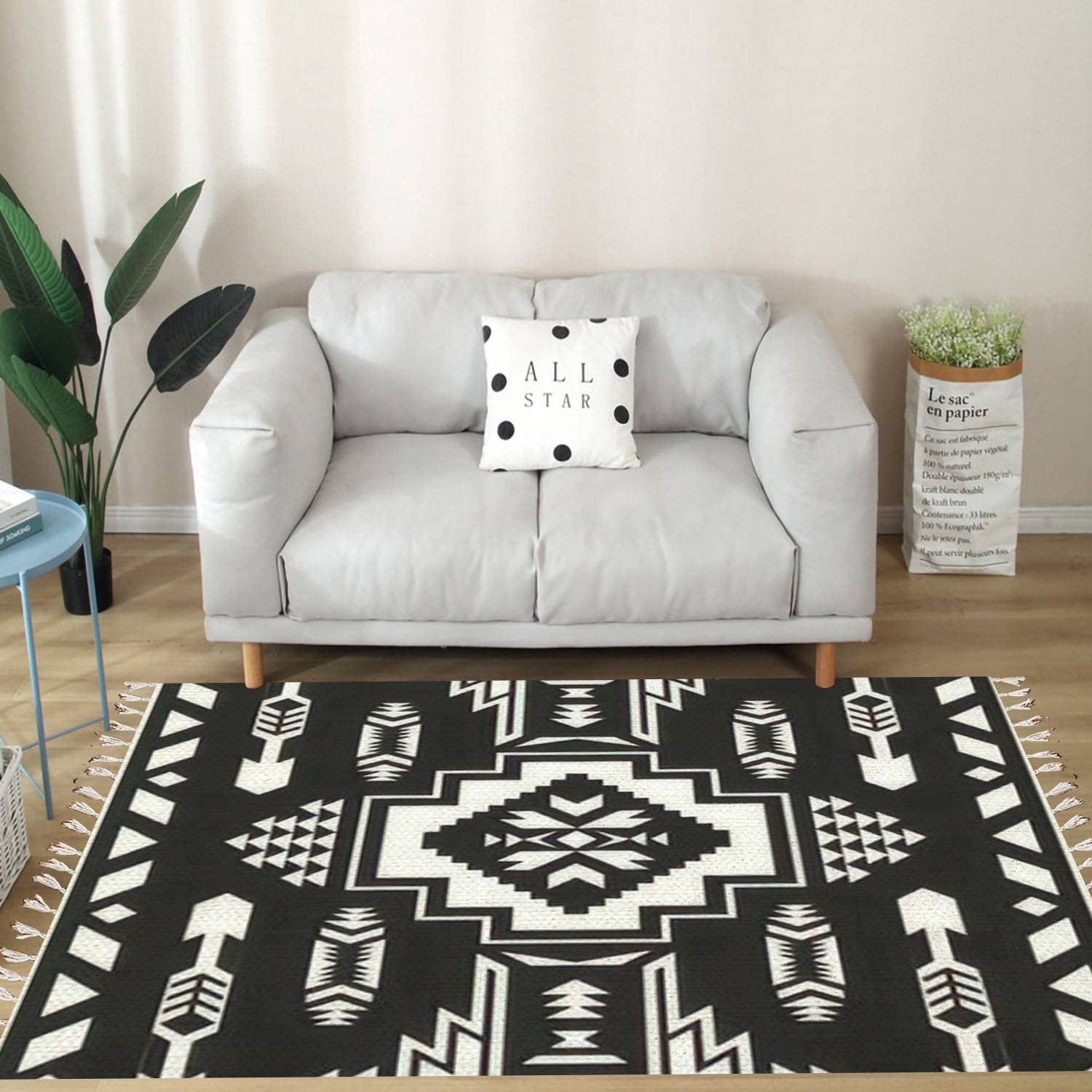 Vintage Cotton & Linen Tassel Rug - Mexican Navajo Geometric Print Ethnic Boho Area Rug | Washable Woven Runner Mat for Kitchen, Bathroom, Outdoor & Living Room Decor