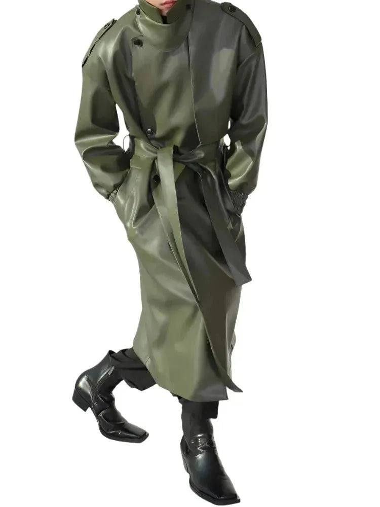 Men's Casual Belted Leather Overcoat - Stylish Winter Trench Coat for Business & Outdoor Wear