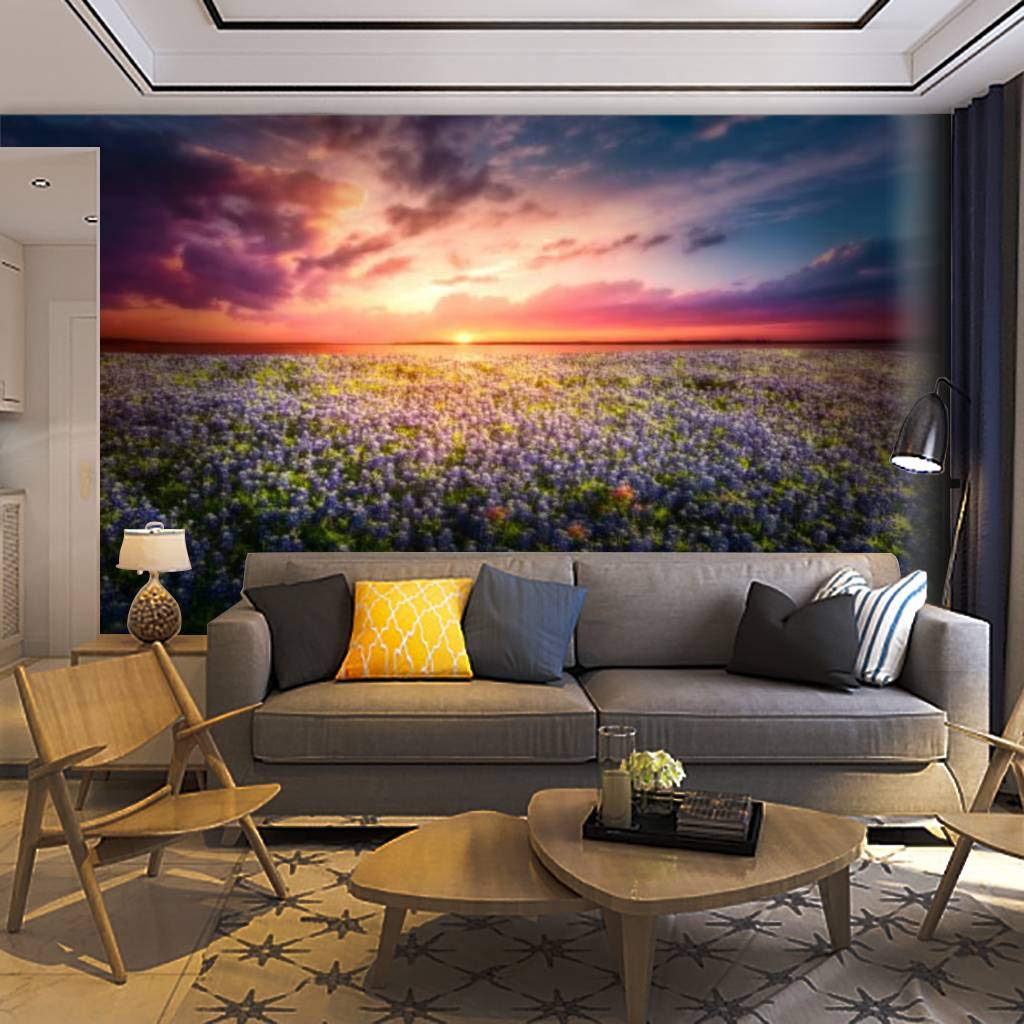 Texas Bluebonnet Sunset Landscape Wall Mural - Self-Adhesive Peel & Stick Removable Wallpaper for Home Decor - Perfect for Living Room, Bedroom & Office Spaces