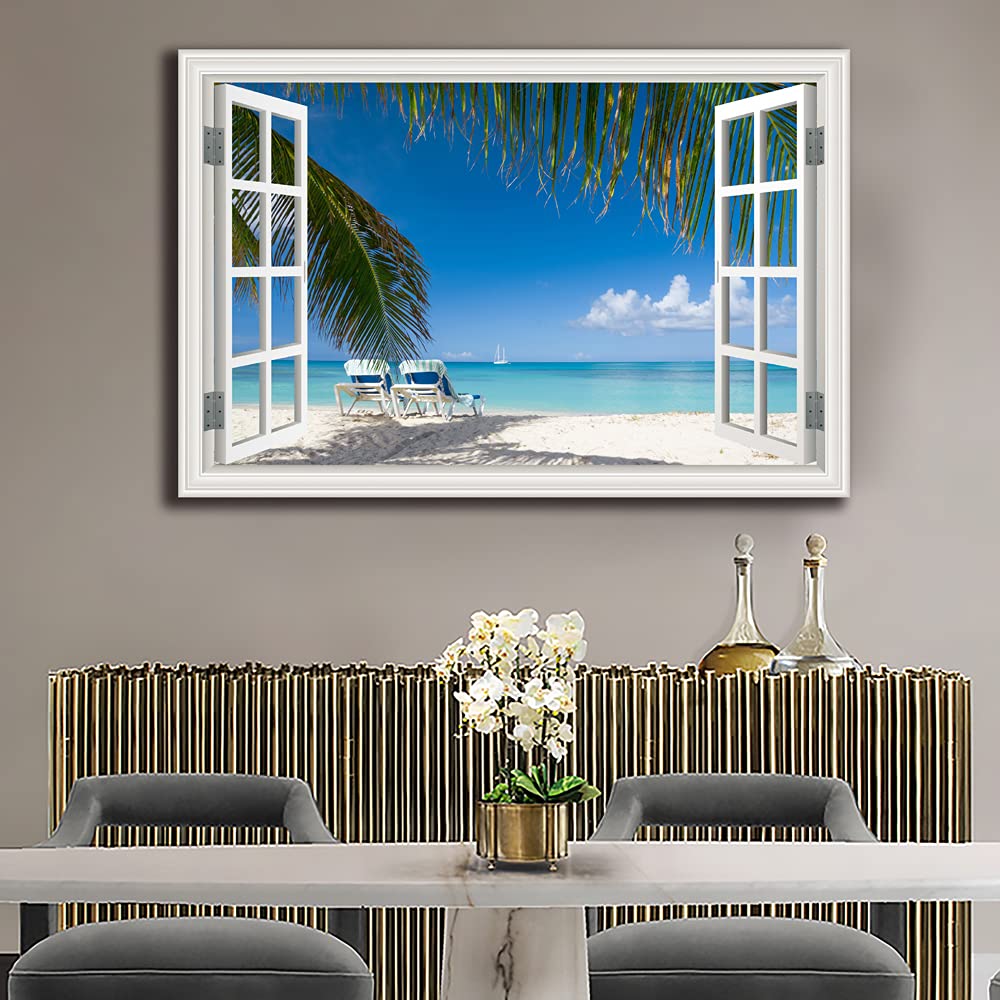 Tropical Beach Wall Art - Window Frame Style Canvas Print with Palm Tree & Blue Ocean - Coastal Decor for Living Room, Bedroom, Home - Perfect for Beach House, Vacation Rental & Coastal Theme Interior Design