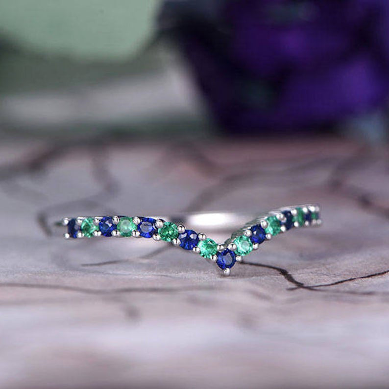 14K White Gold Natural Emerald & Sapphire Curved V Wedding Band - Half Eternity Stackable Ring with Bar Setting for Women, Anniversary, Promise Ring, Gift for Her - Perfect for Stacking, Bridal Sets, and Special Occasions
