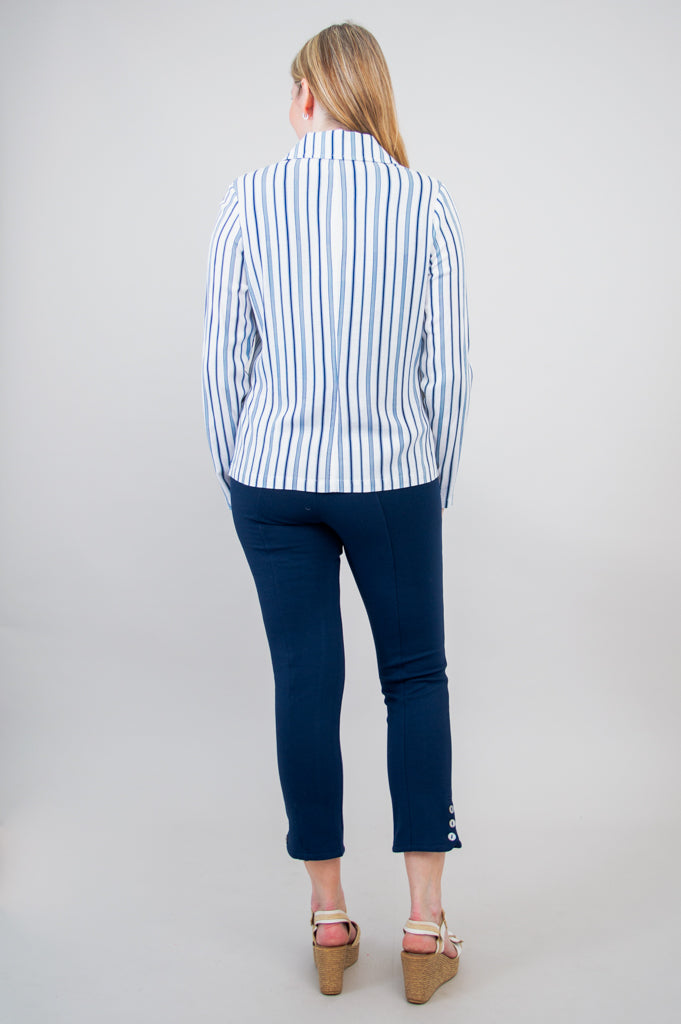 Lauren Jacket Women's Indigo Stripe Linen Bamboo Blend Lightweight Summer Cardigan - Perfect for Beach Cover-Up, Office Wear & Casual Outings