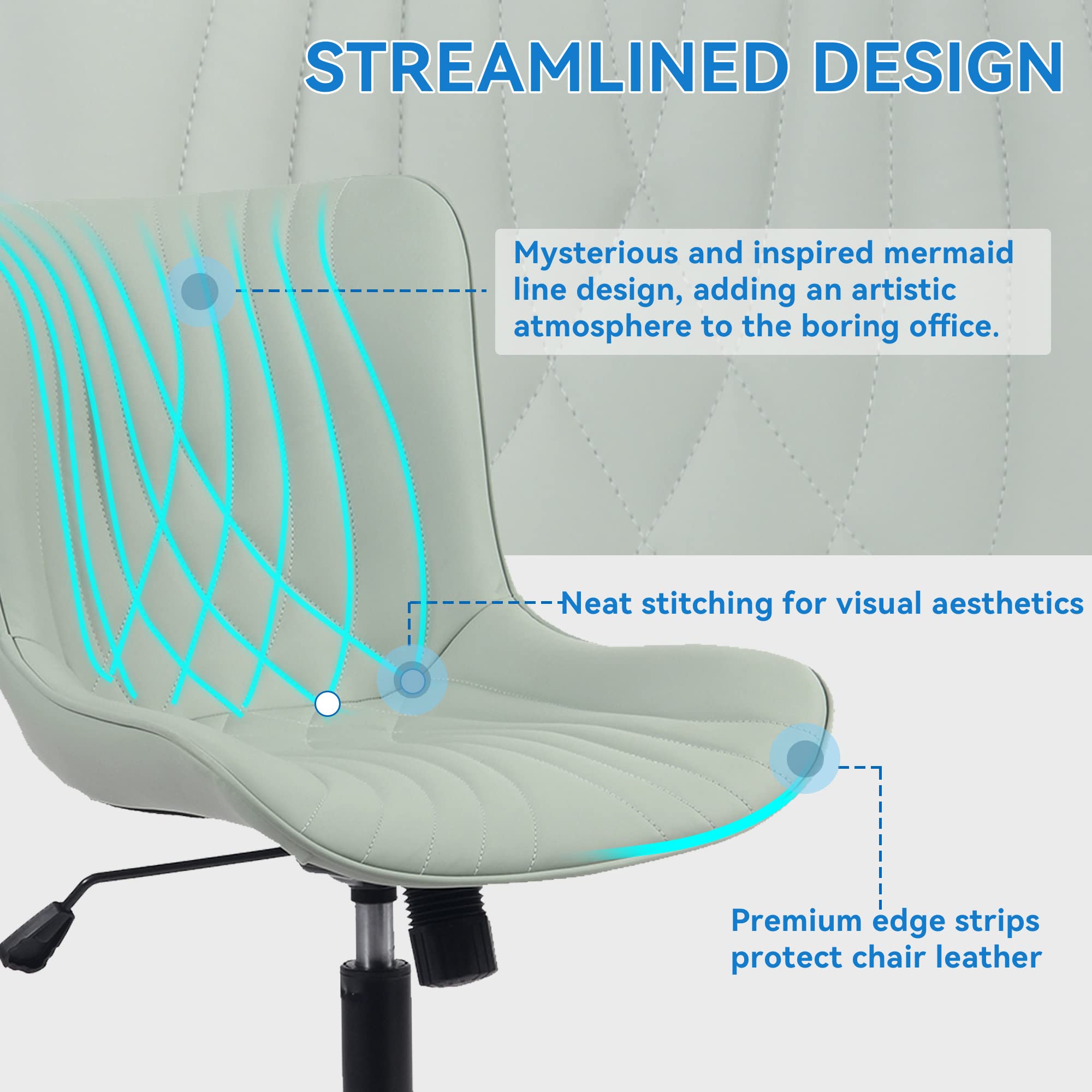 YOUNIKE Ergonomic Office Chair - Armless Desk Chair with Wheels, Adjustable Swivel Rolling Task Chair for Home Office - Modern Faux Leather Padded Computer Chair with Back Support in Mint Seafoam Green - Perfect for Work from Home, Gaming & Study Sessions