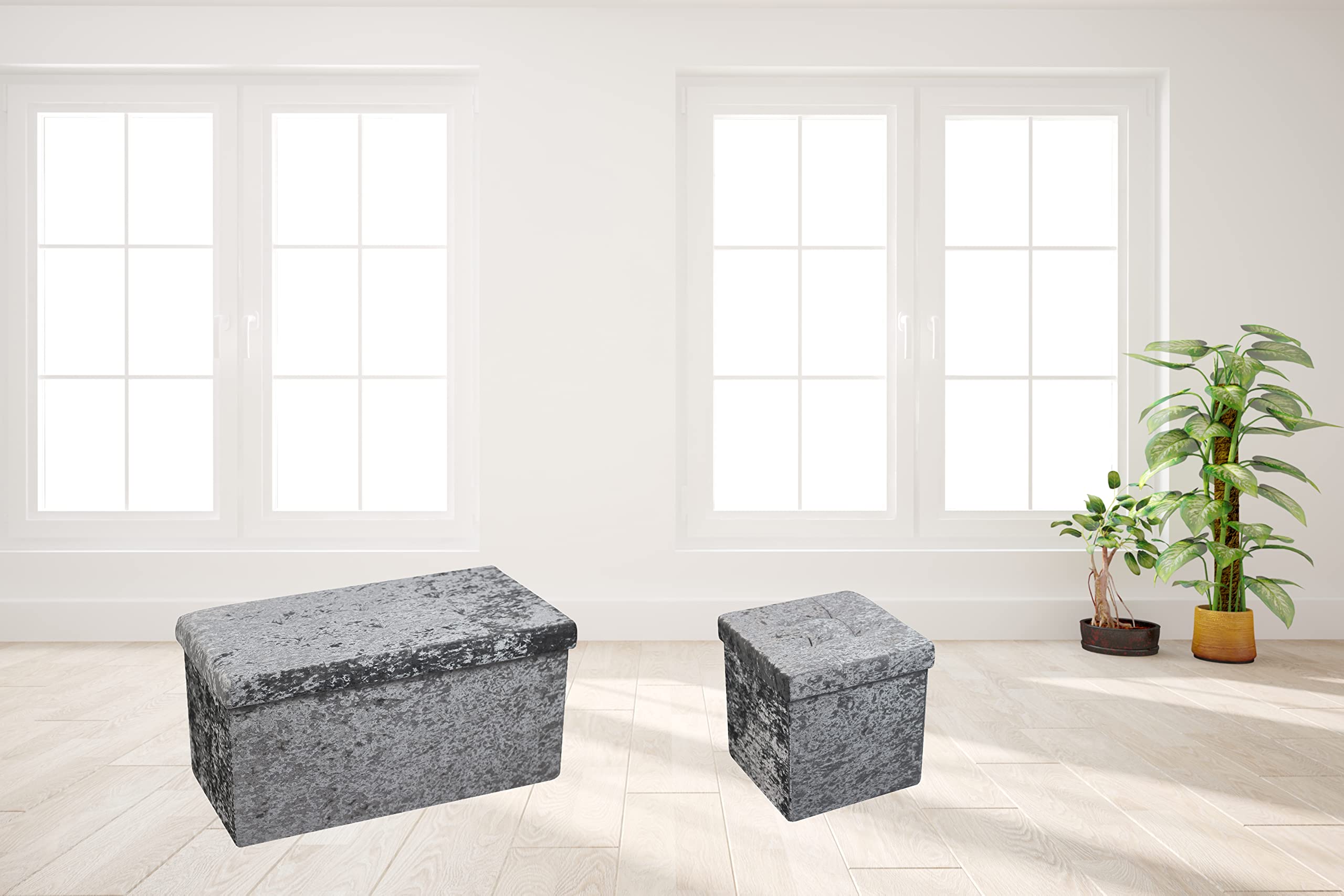 HomeHarmony® Crushed Velvet Quilted Storage Ottoman - Foldable Footrest Stool with Removable Top, Multi-Purpose Toy & Blanket Storage Box (Medium Silver) - Perfect for Living Room, Bedroom & Nursery Organization