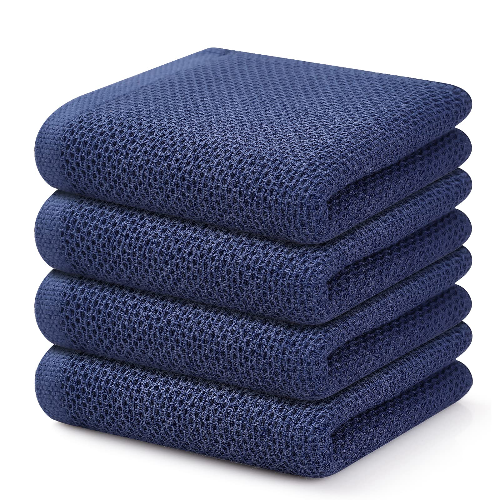 Kitinjoy 100% Cotton Waffle Weave Kitchen Towels - Ultra Soft & Absorbent Dish Cloths (4-Pack, 13x28 Inches, Navy Blue) for Drying Dishes, Cleaning Countertops & Hand Drying - Perfect for Kitchen, Bathroom & Household Use